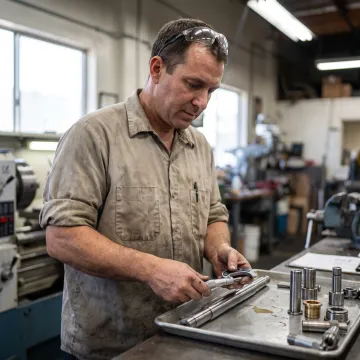 Technician inspecting precision machined components