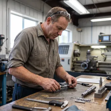 Technician inspecting precision machined parts
