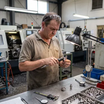 Technician inspecting miniature medical machined parts