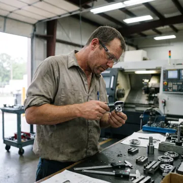 Technician inspecting precision turned parts