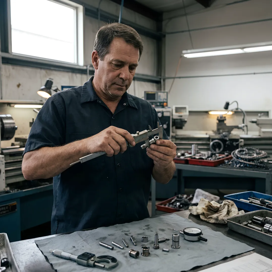 Machined connector parts under inspection
