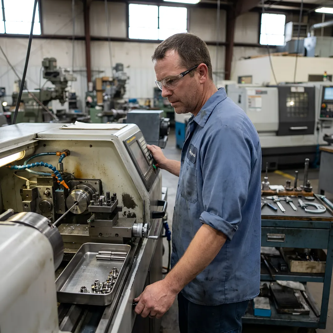 Titanium parts being machined on a Swiss screw machine
