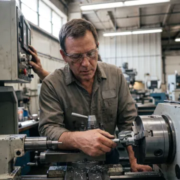 Technician operating precision machining equipment