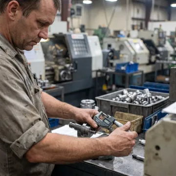 Machinist inspecting precision turned parts