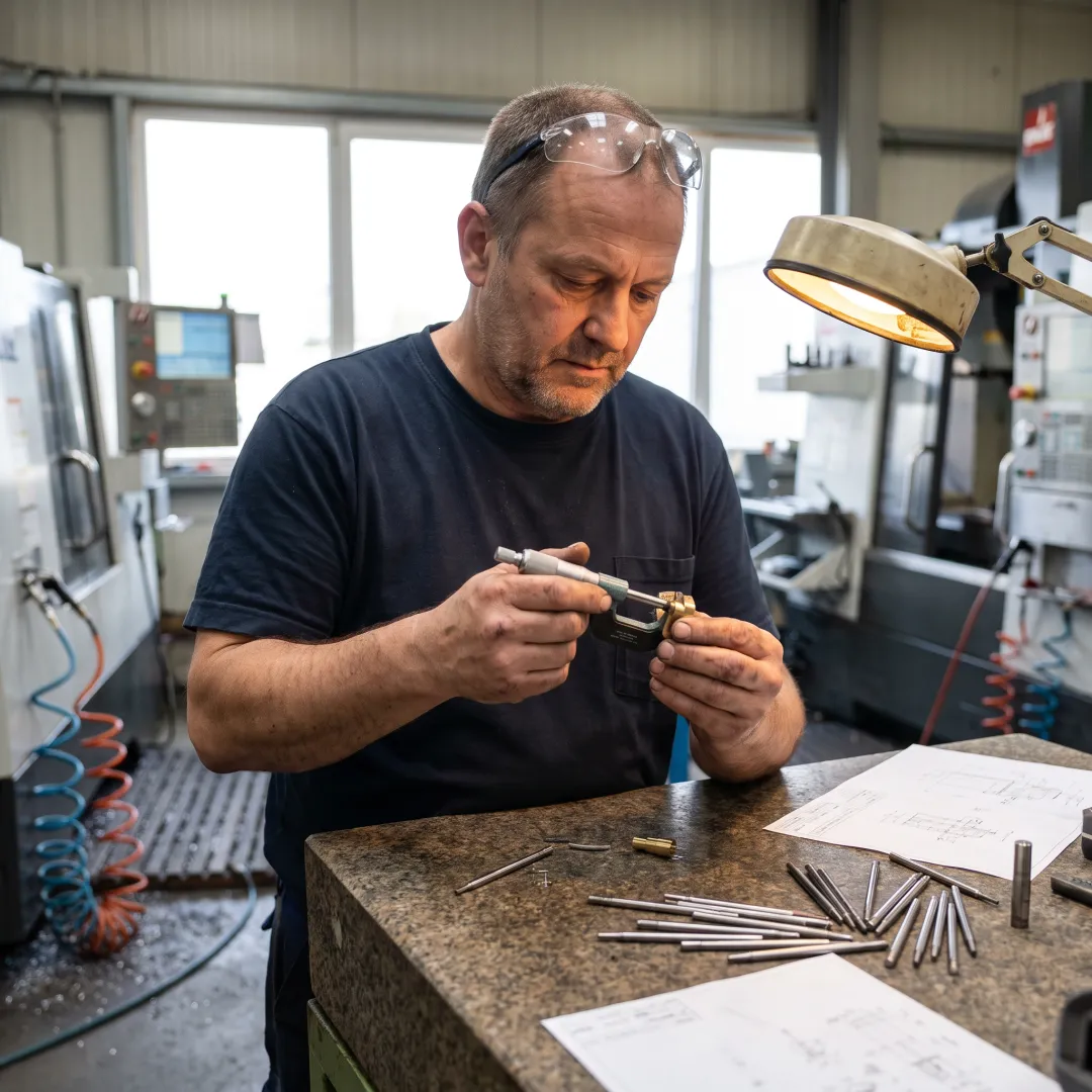 Technician inspecting precision-machined electrical components