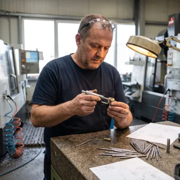 Technician inspecting precision-machined electrical components