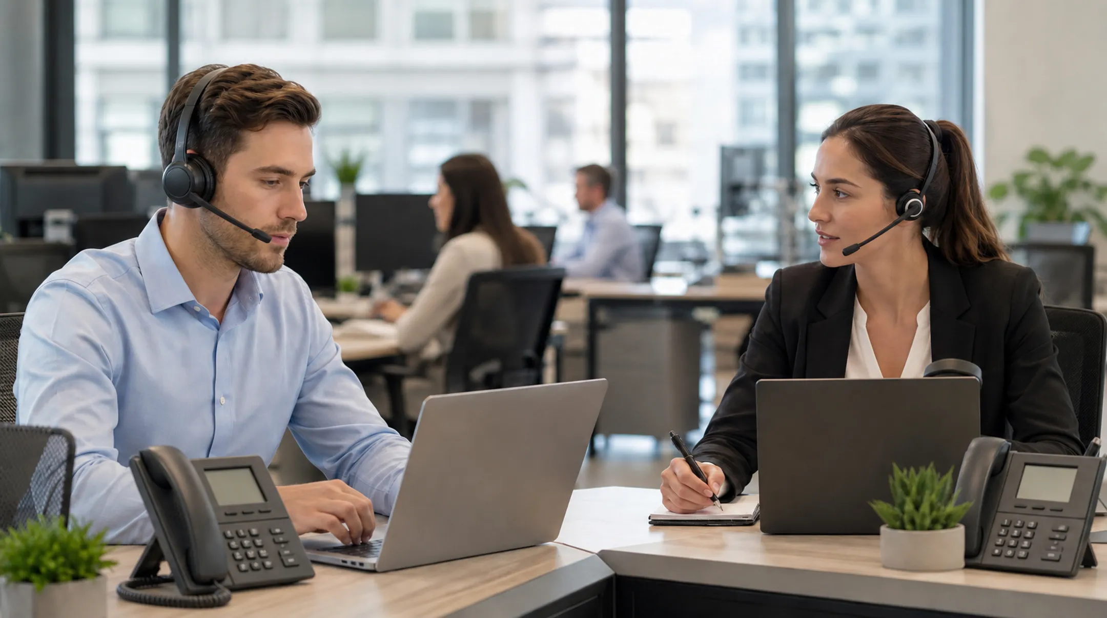Small business office team using VoIP desk phones and headsets