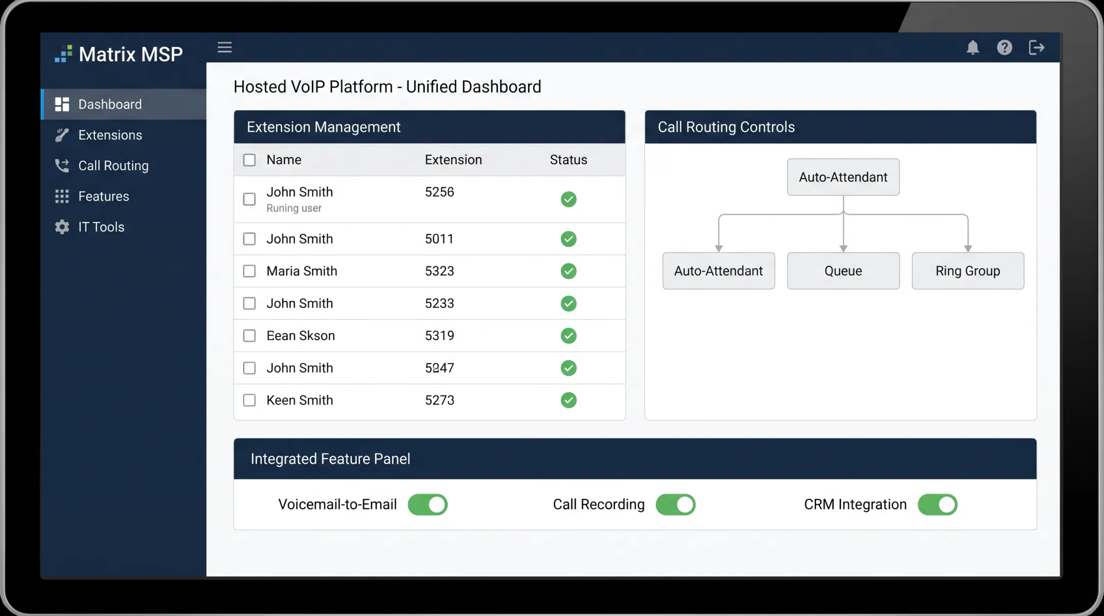 Matrix MSP hosted VoIP dashboard with phone system features