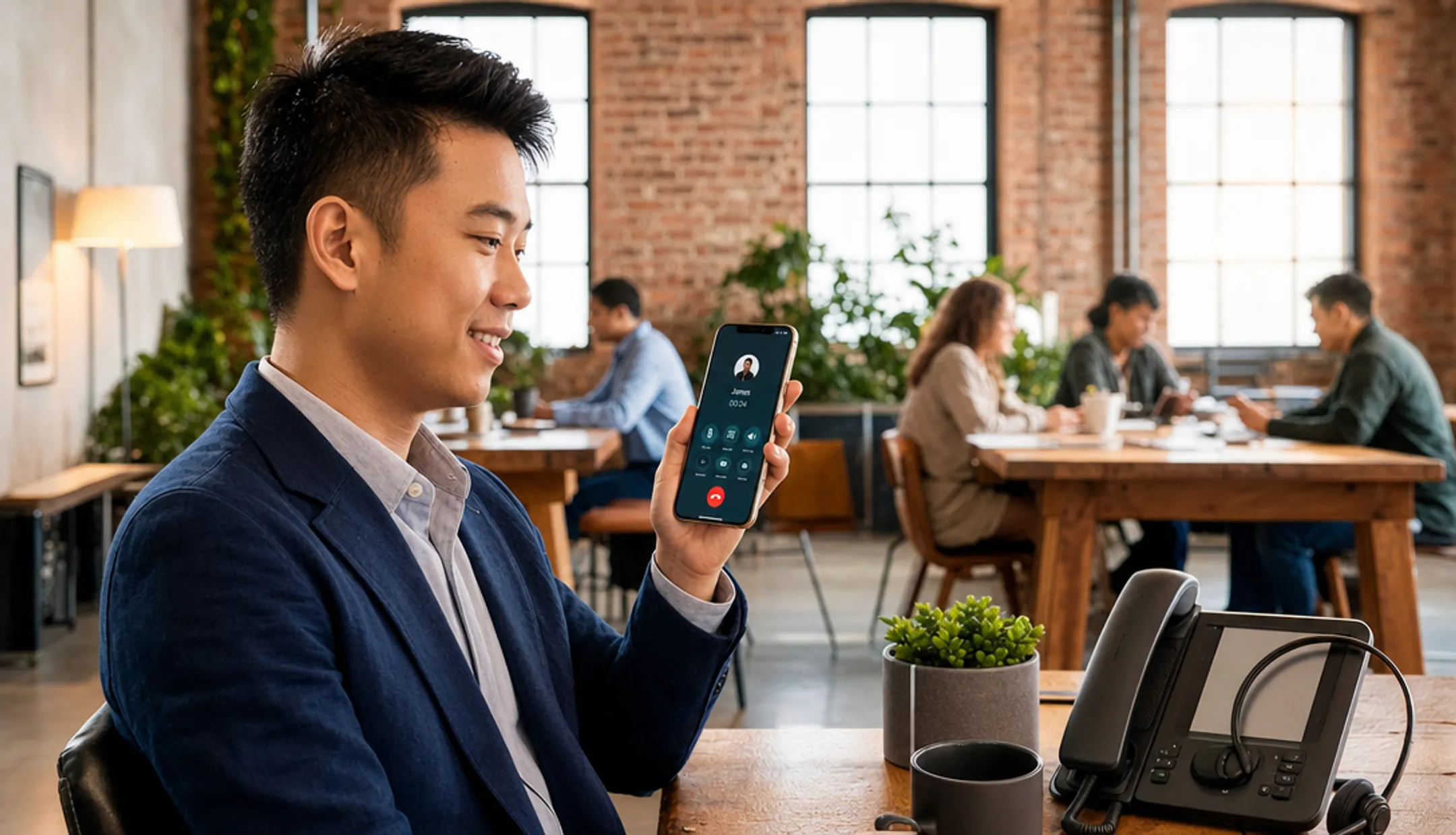 Small business owner using VoIP mobile app for calls