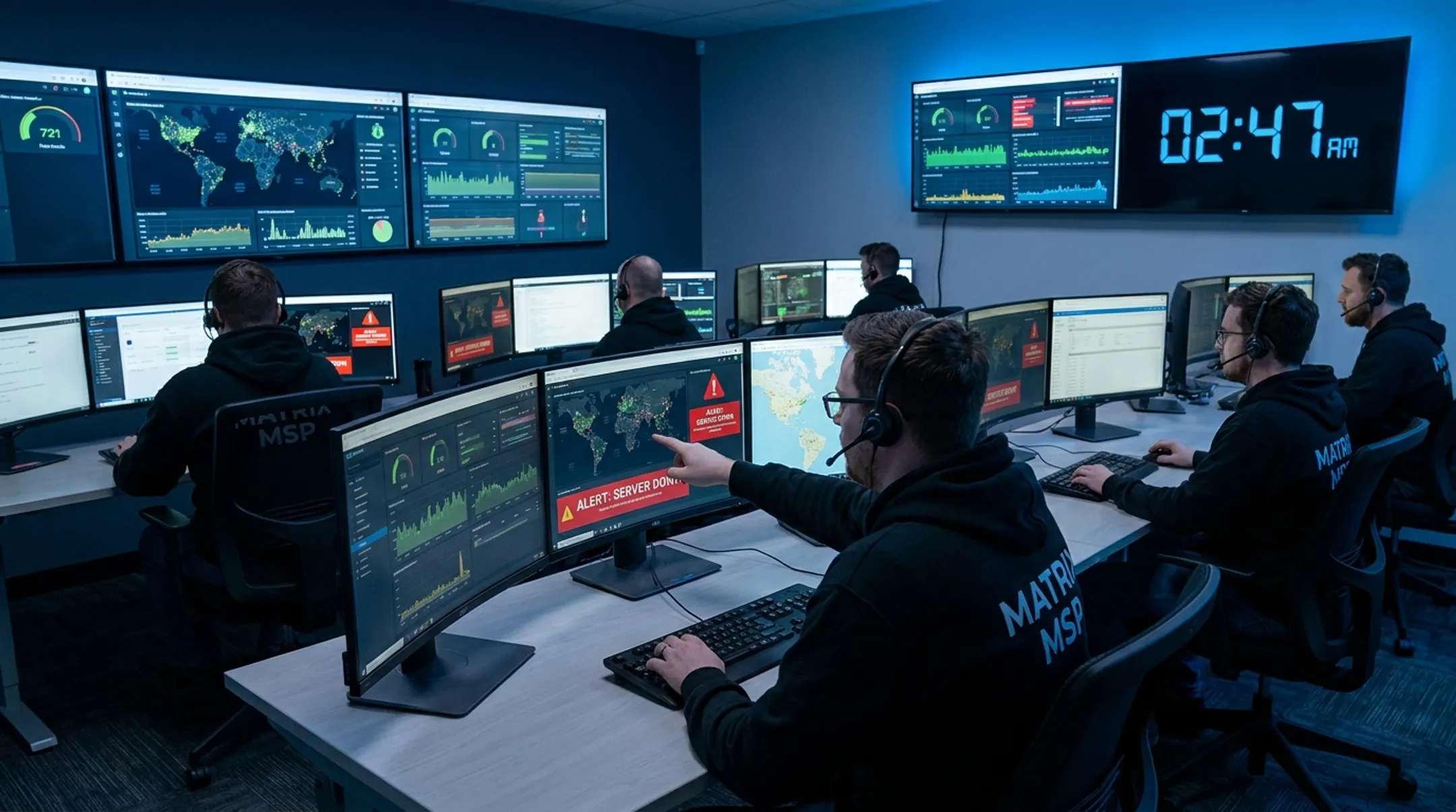 Matrix MSP technicians monitoring client networks in operations center