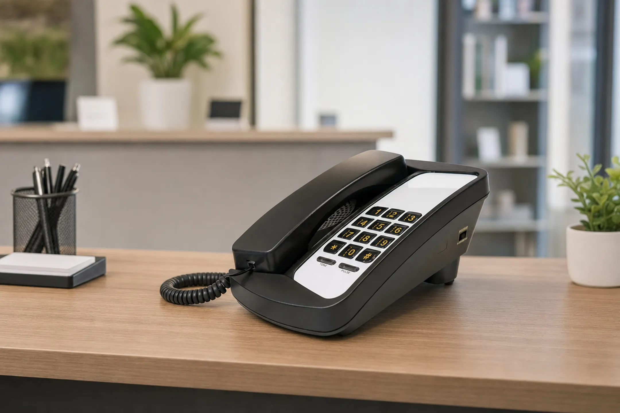 Small retail shop counter with traditional analog telephone system