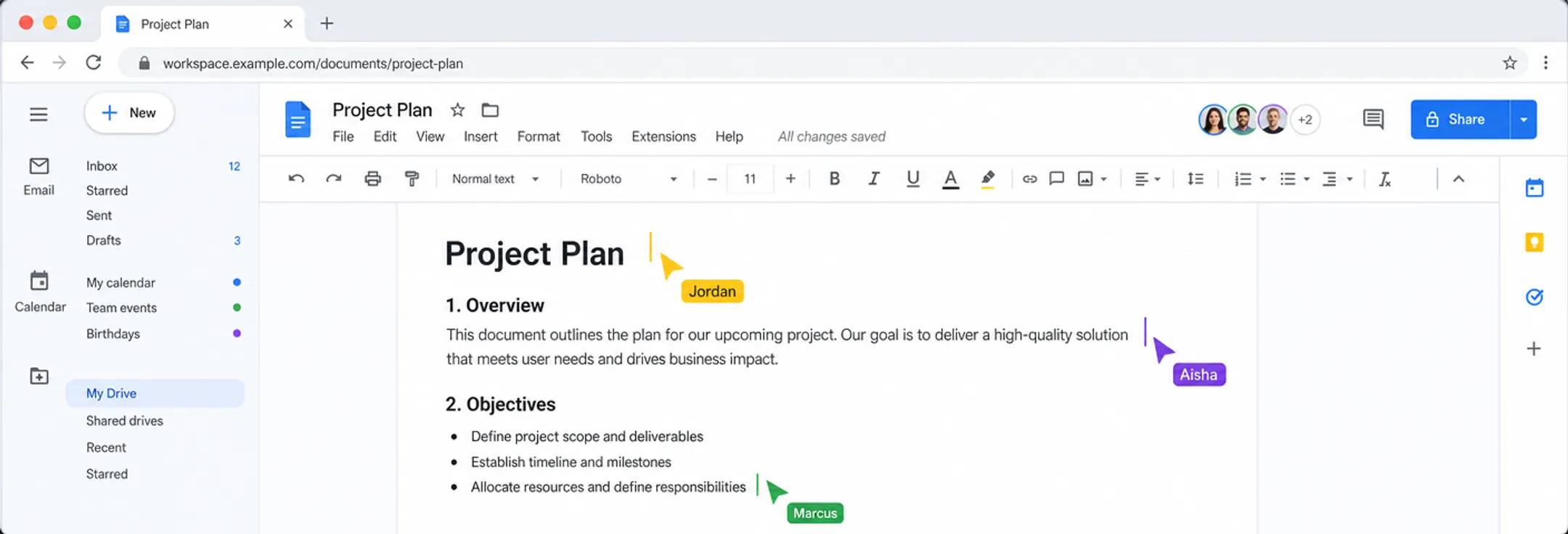 Team collaborating in real time on shared cloud document interface