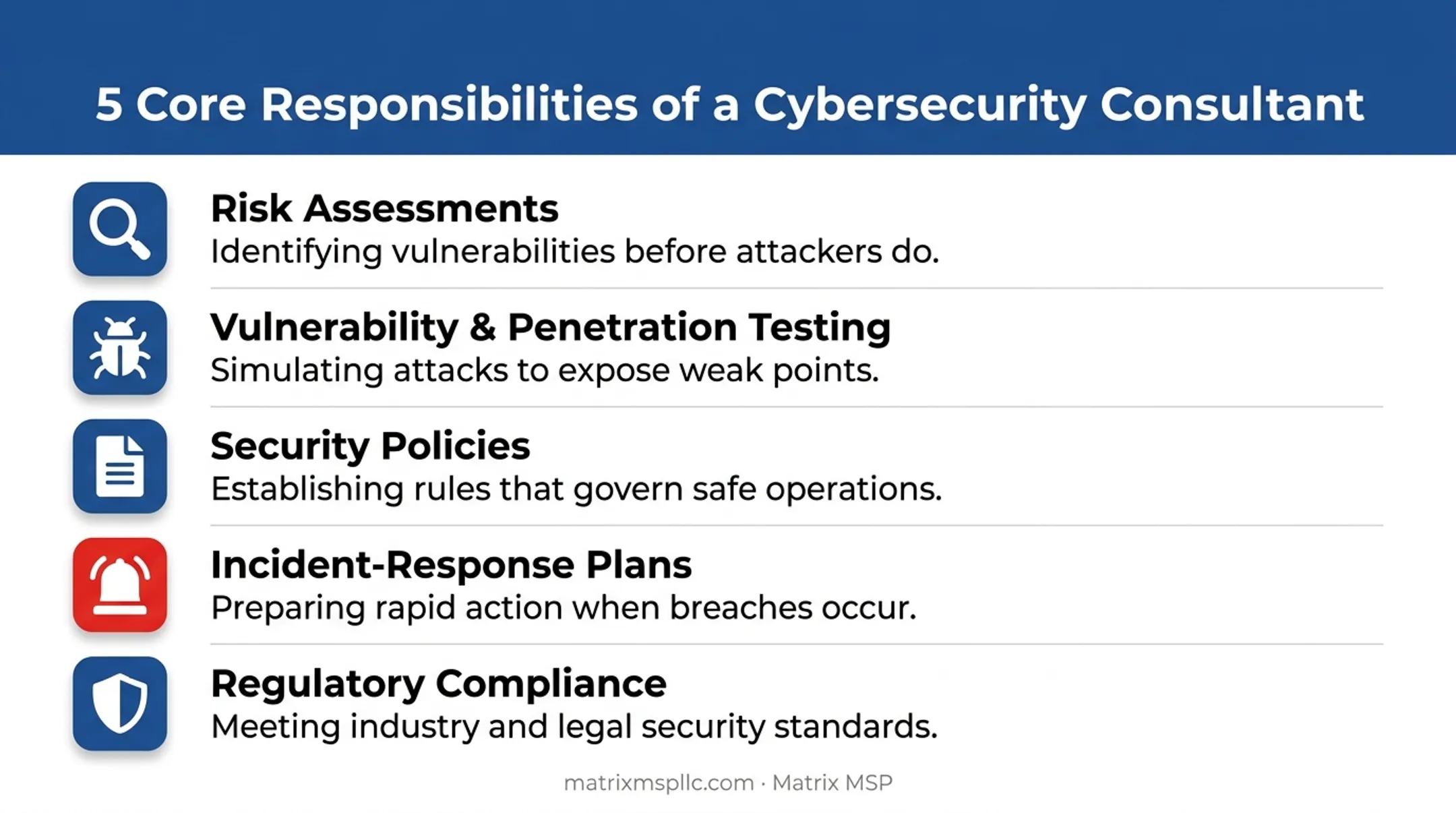 Cybersecurity consultant core responsibilities checklist across five key areas