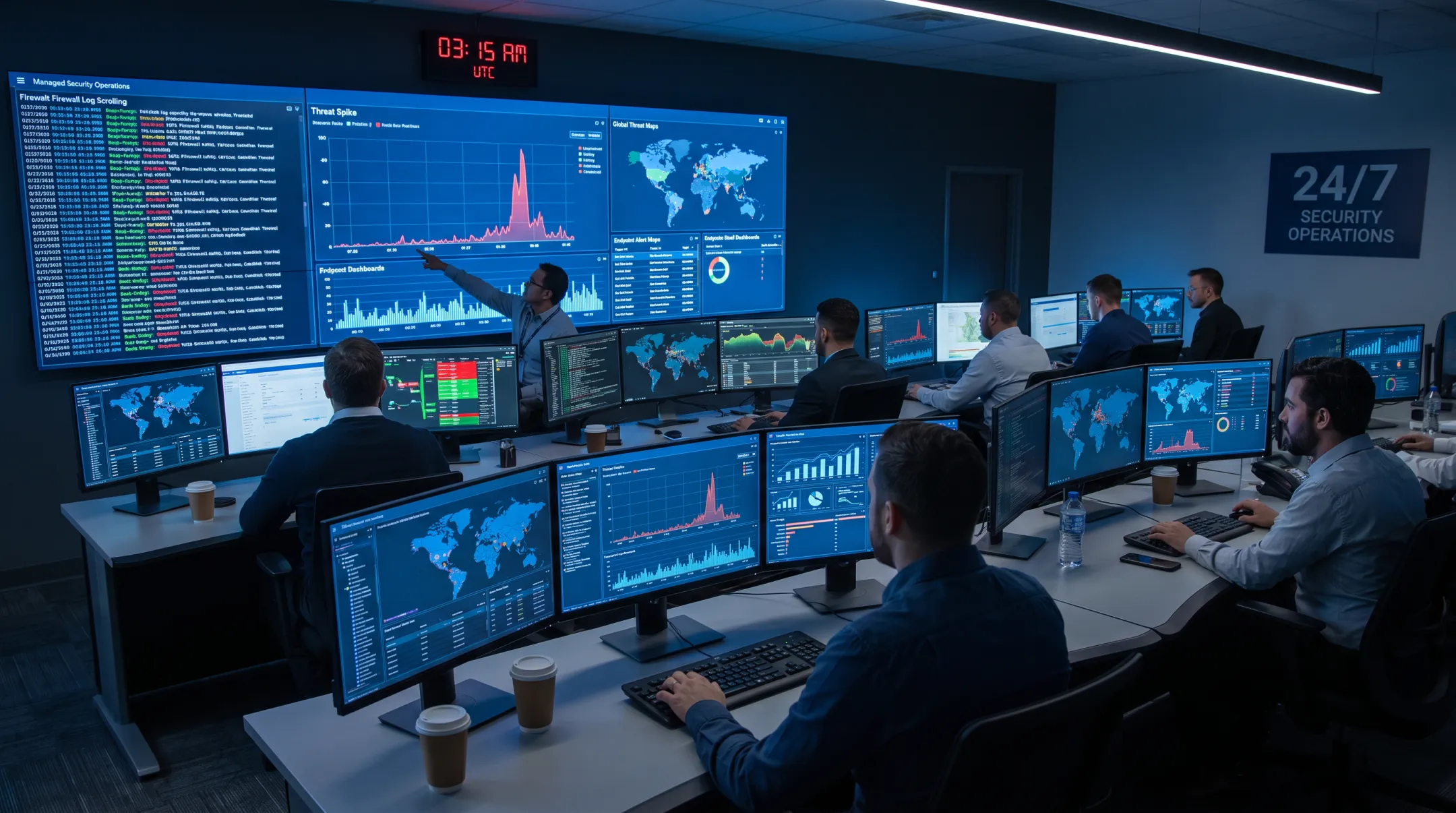 Security operations center analysts monitoring client networks on multiple screens
