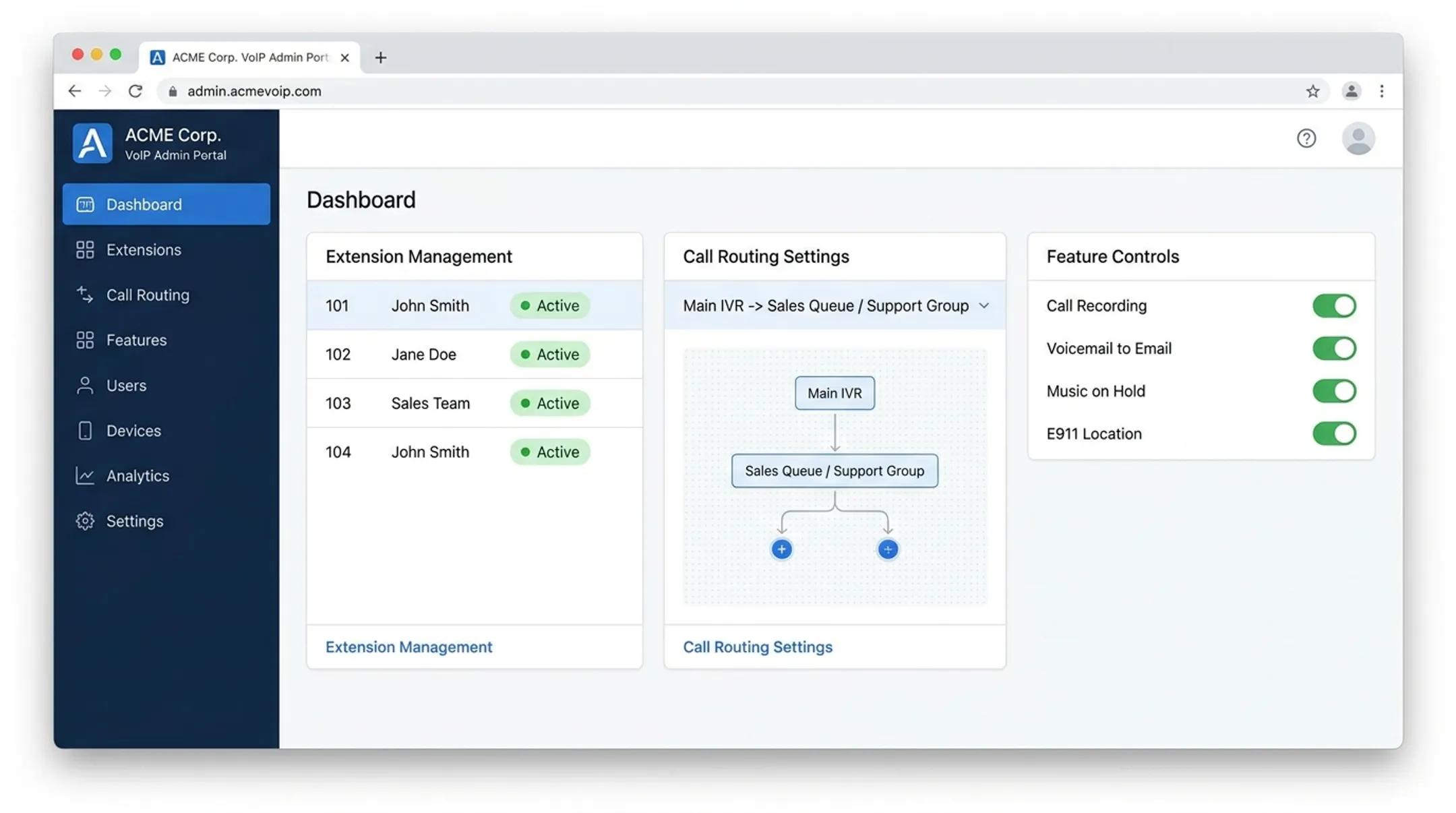 Hosted VoIP admin dashboard displaying call routing and extension management