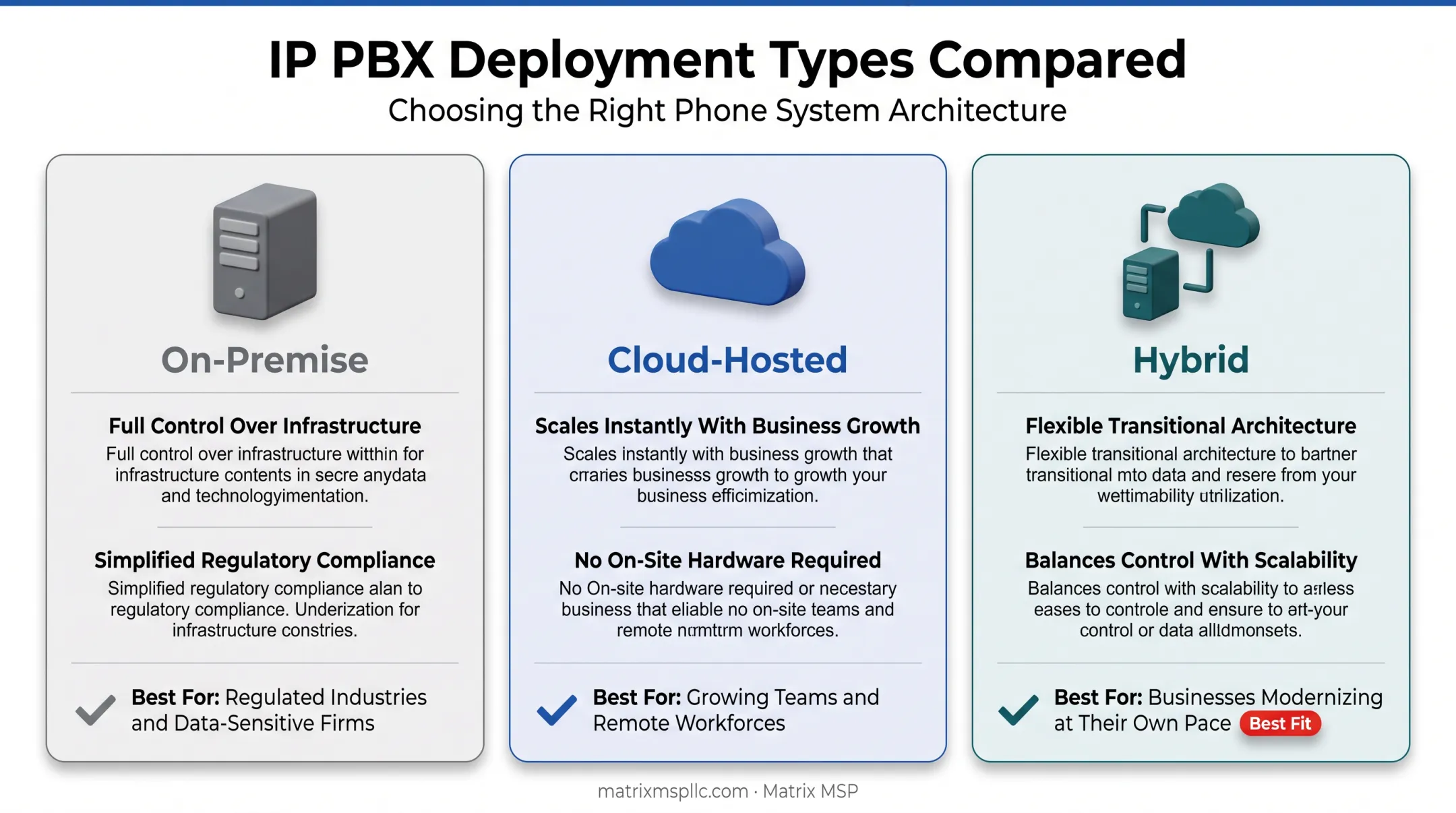 On-premise cloud-hosted and hybrid IP PBX deployment types comparison