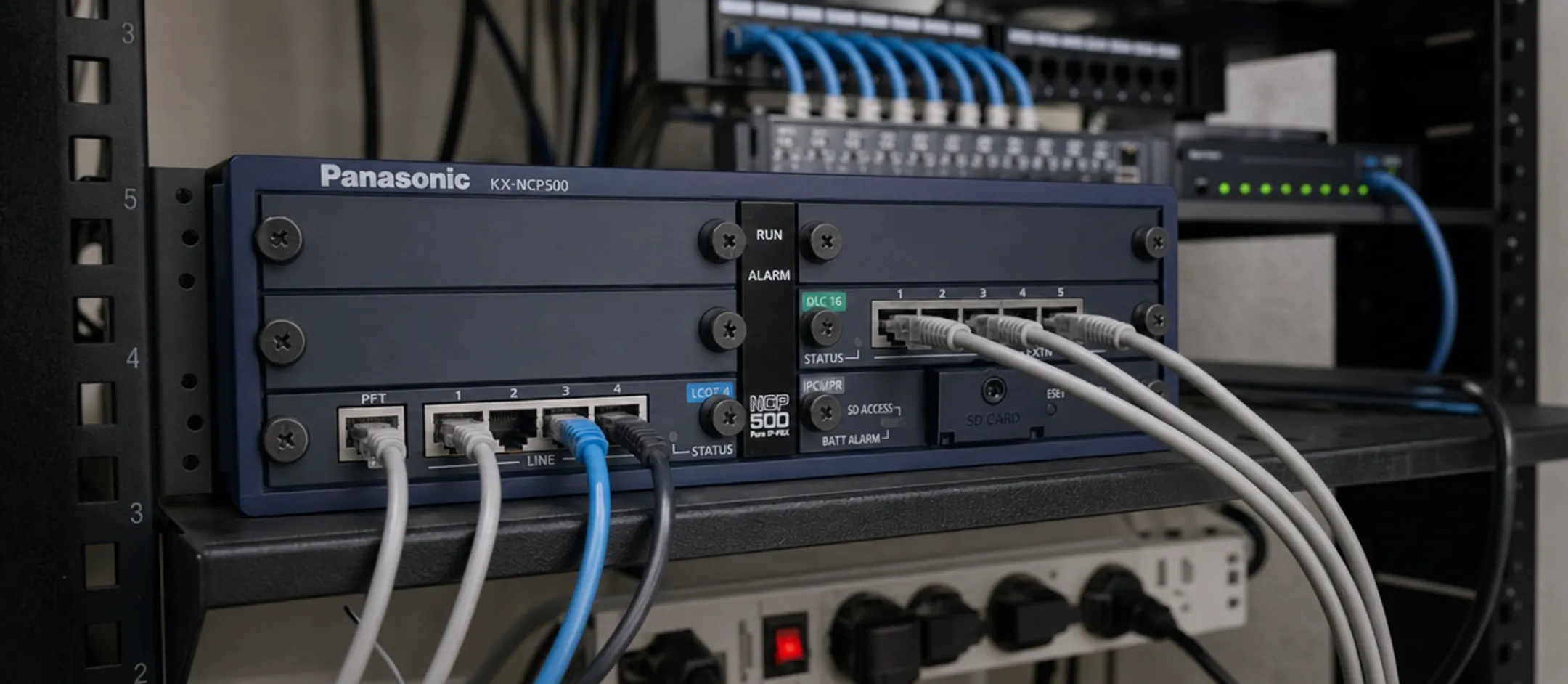 On-premise IP-PBX hardware unit installed in office server rack