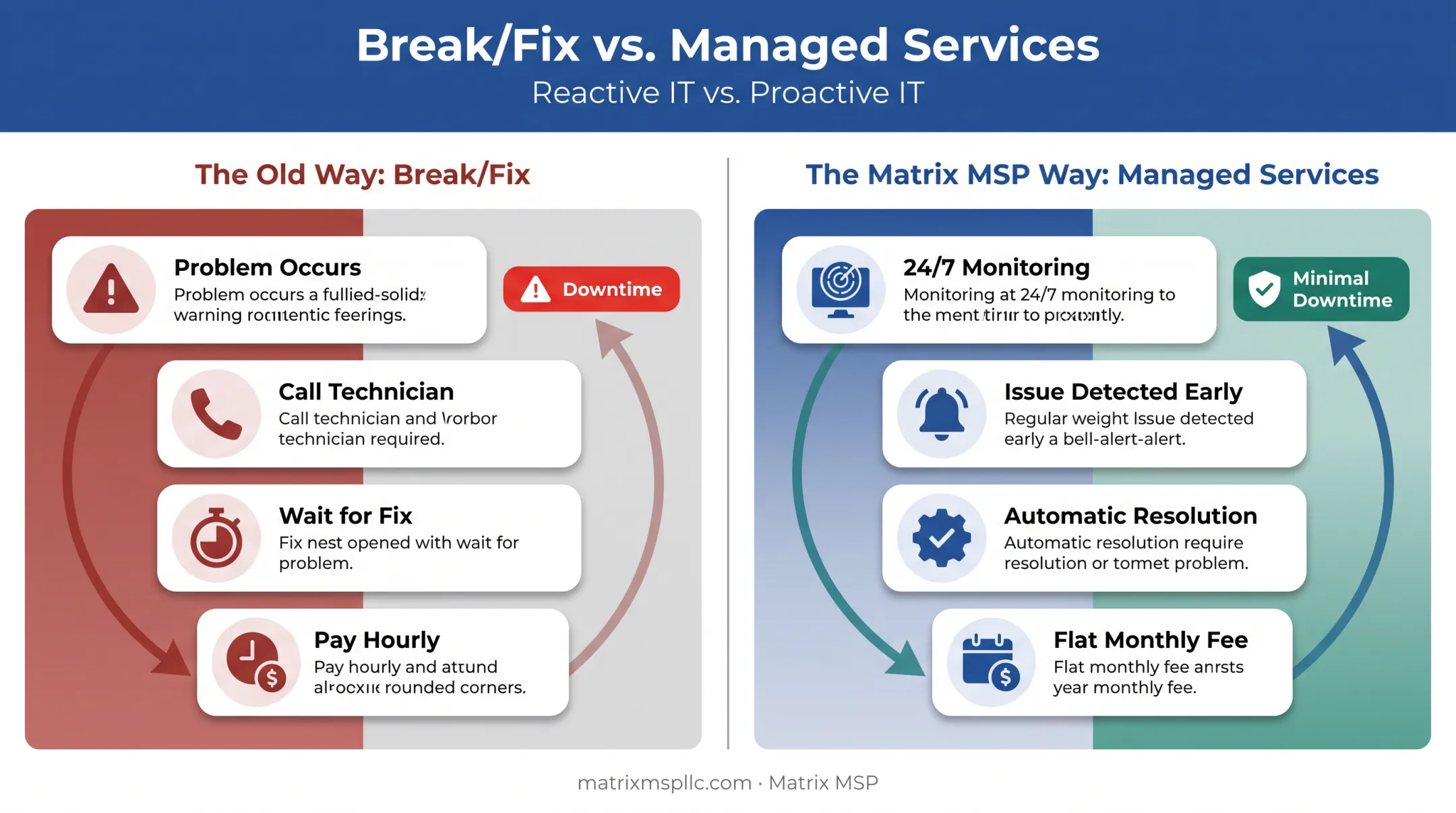 Break/fix IT model versus proactive managed services comparison diagram
