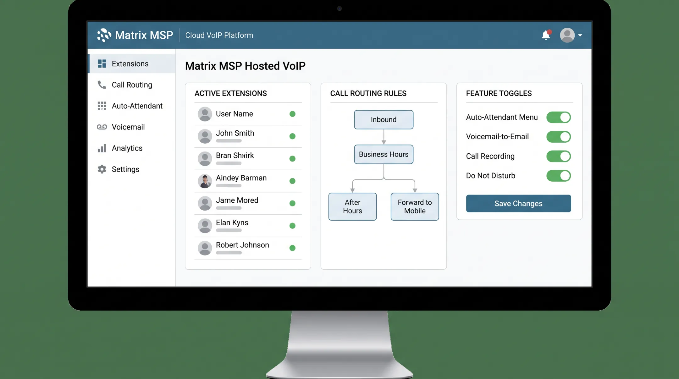 Matrix MSP hosted VoIP dashboard with extension and feature management