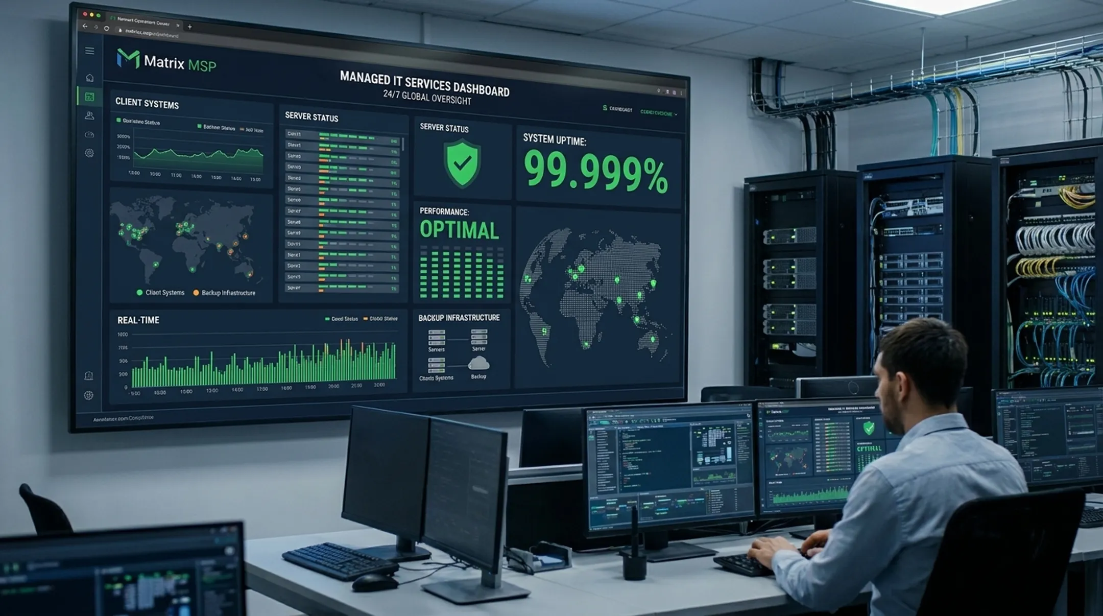 Matrix MSP managed IT dashboard showing network monitoring and uptime metrics