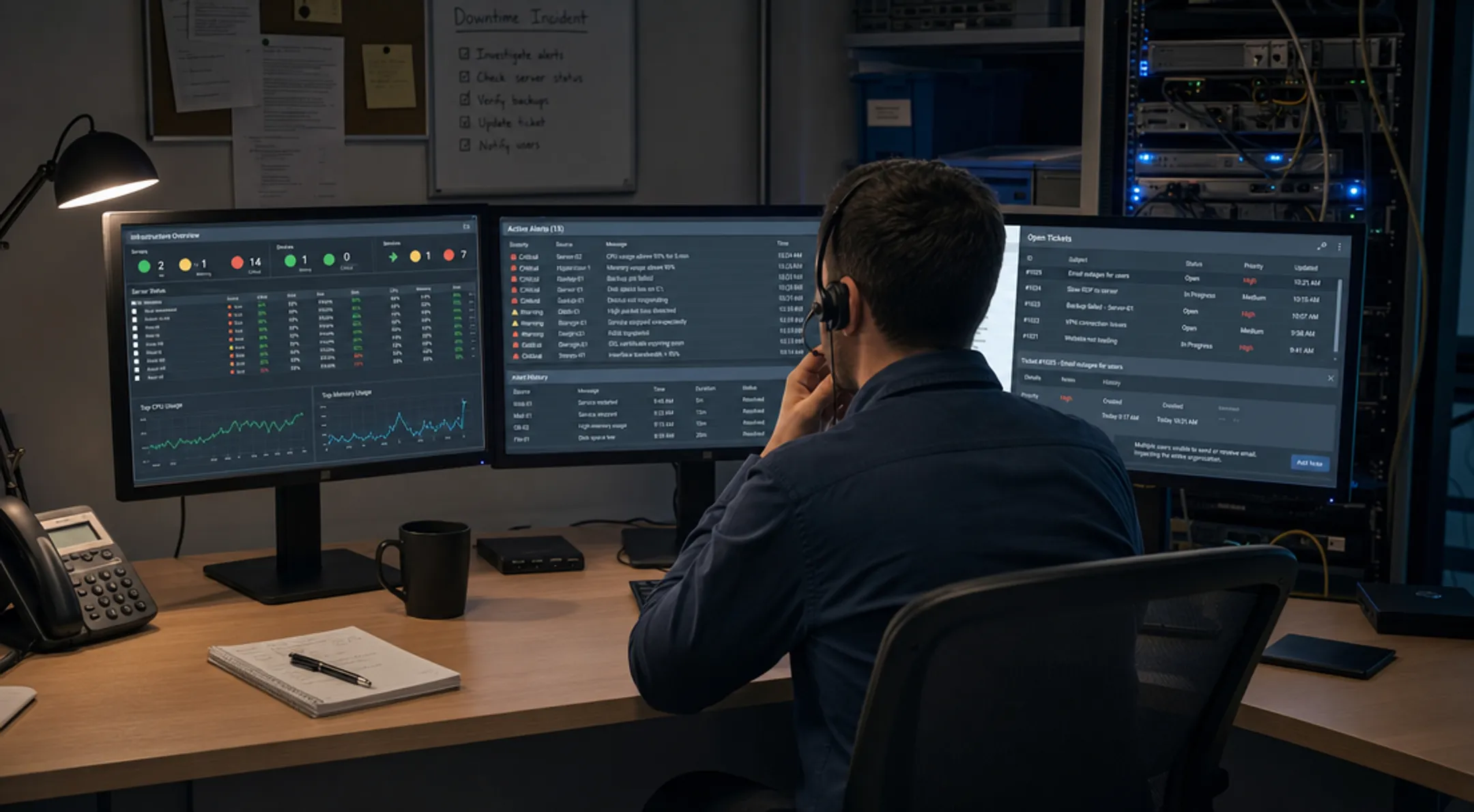 IT professional monitoring server downtime and recovery dashboard alerts