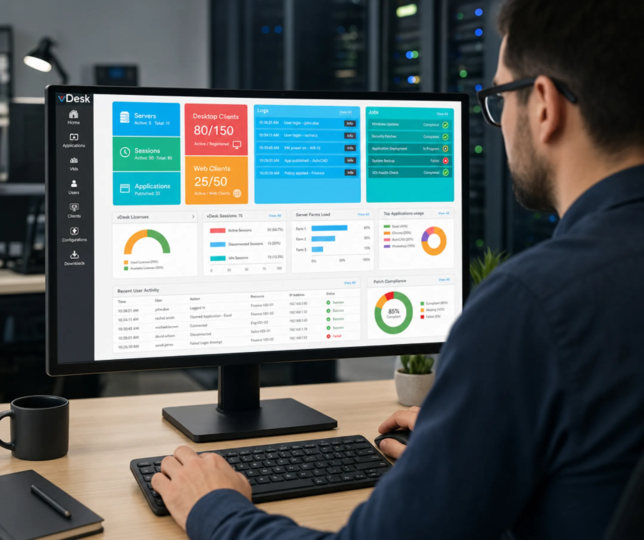 IT administrator managing centralized virtual desktop infrastructure on monitor