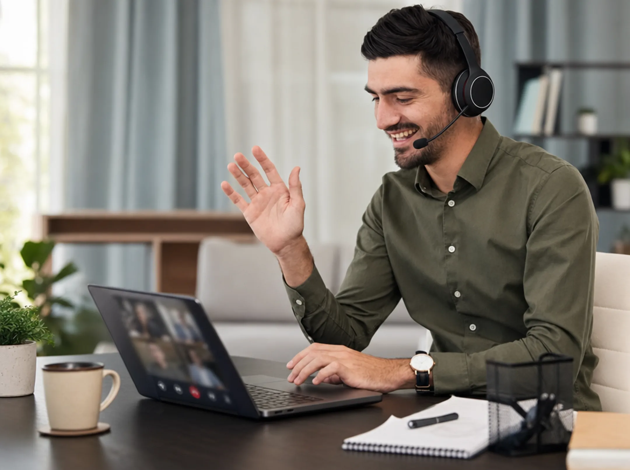 Remote employee using laptop and headset for hosted VoIP business calls