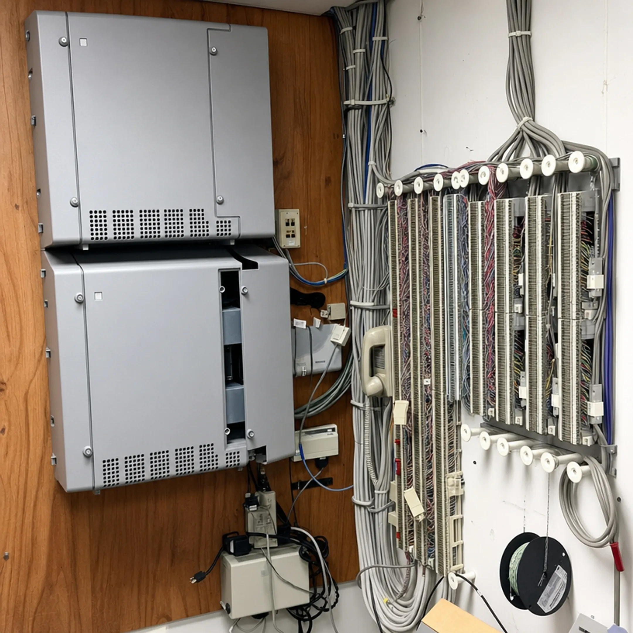 On-premise PBX server closet hardware with wiring and switching equipment