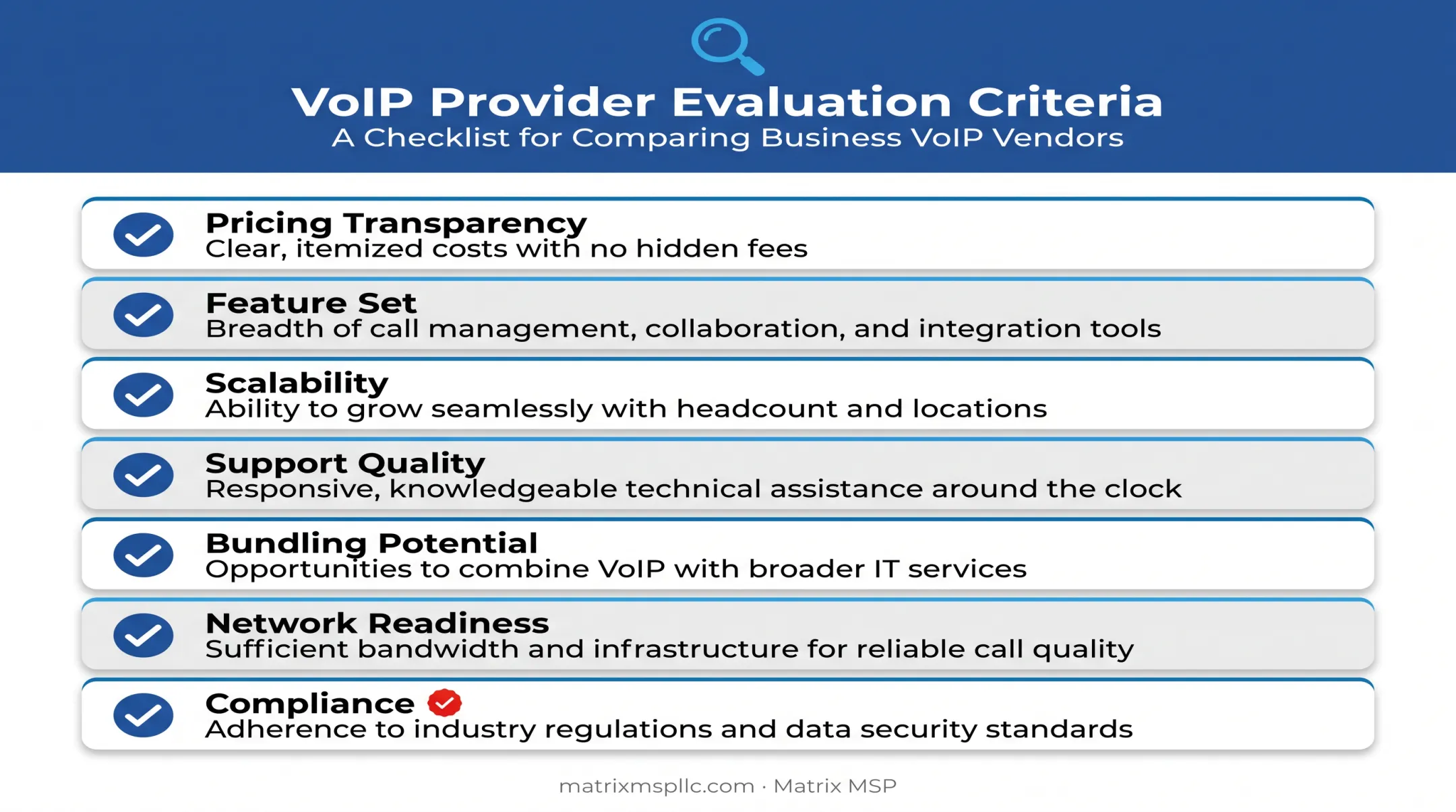 VoIP buyer checklist covering pricing scalability support and compliance