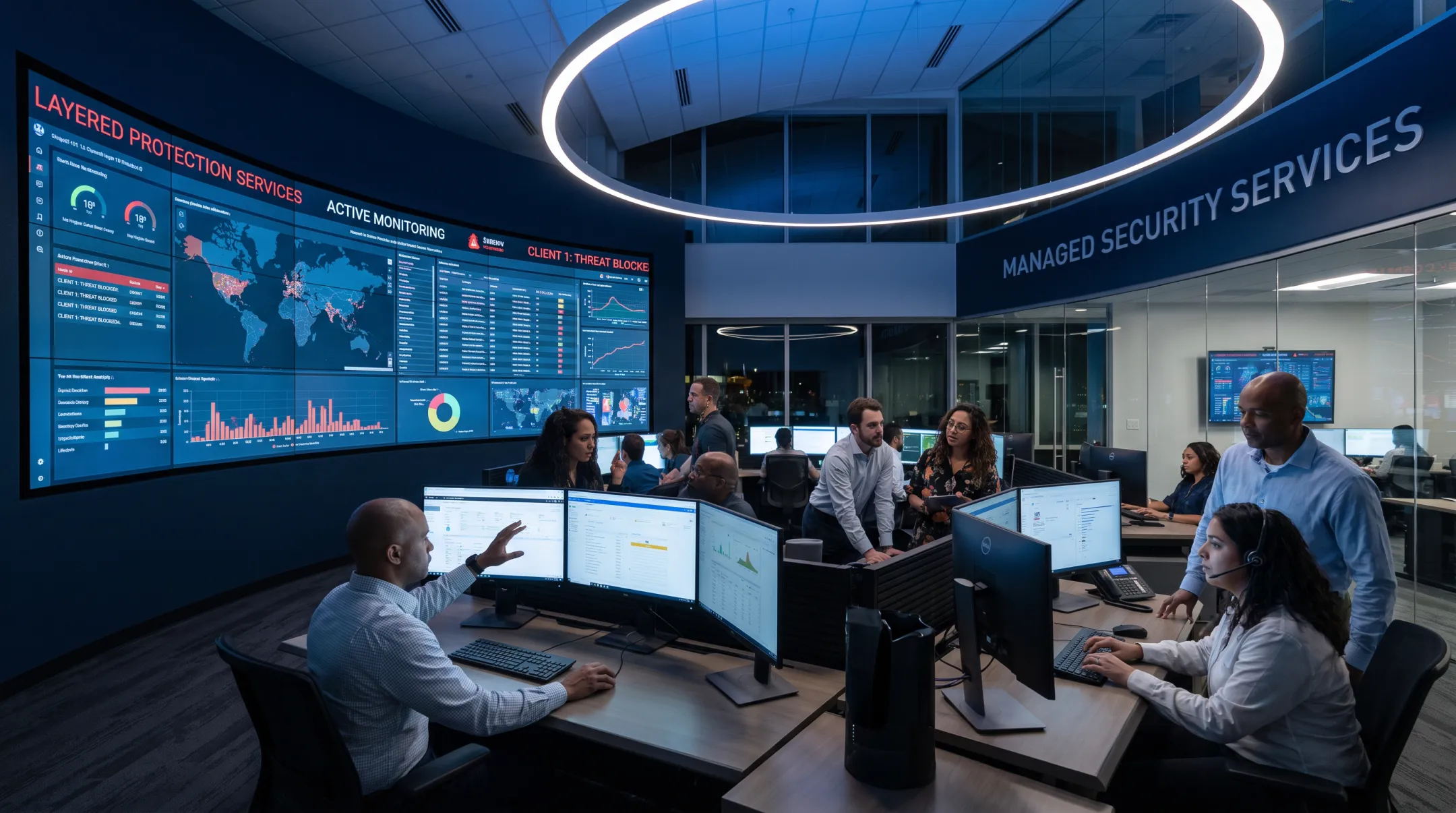 Managed IT security team monitoring client networks in operations center