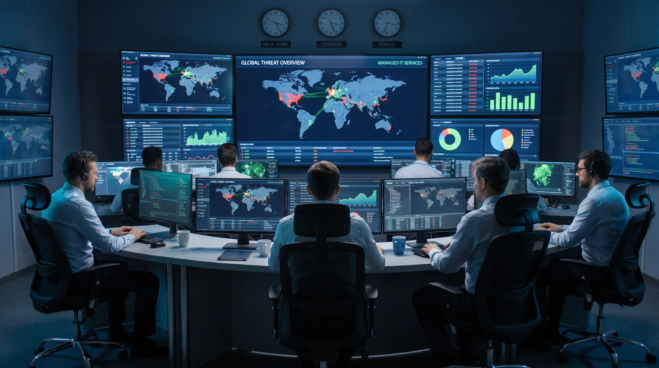 Managed IT provider security operations center monitoring client networks 24/7