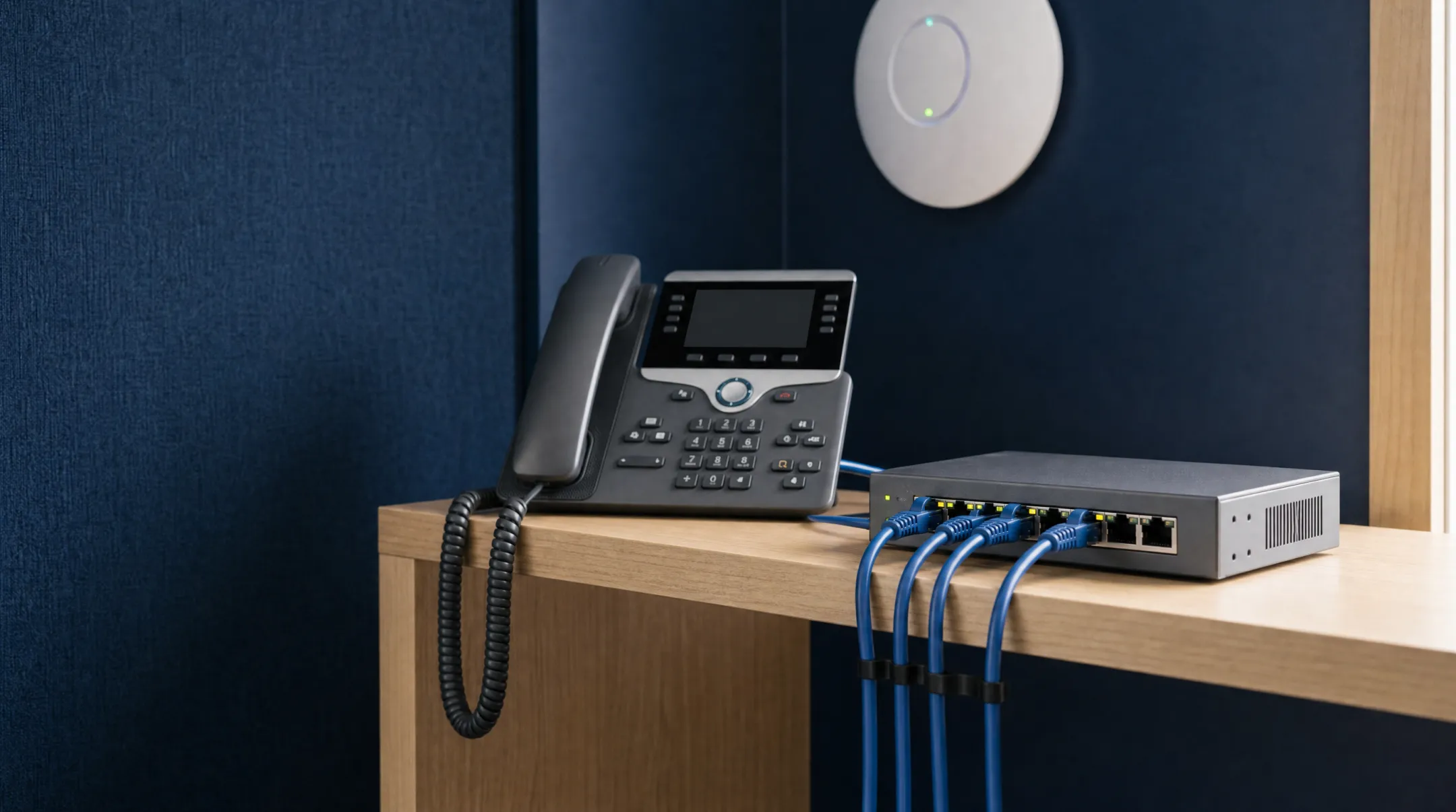 Business office network switch with organized Ethernet cabling for VoIP phones