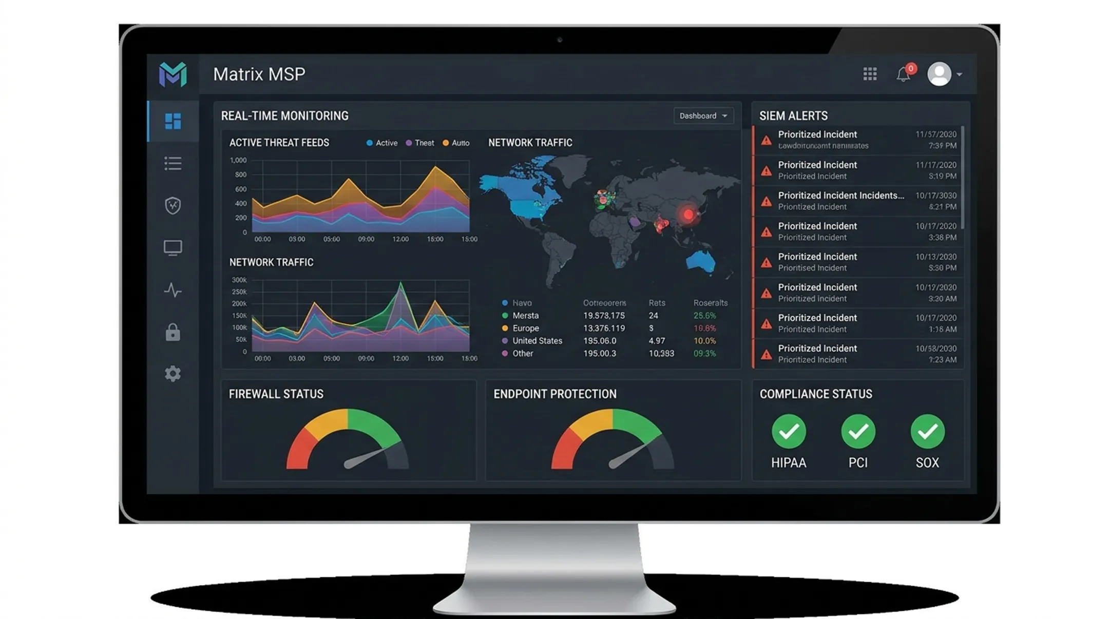Matrix MSP security operations dashboard showing 24/7 monitoring and compliance tools
