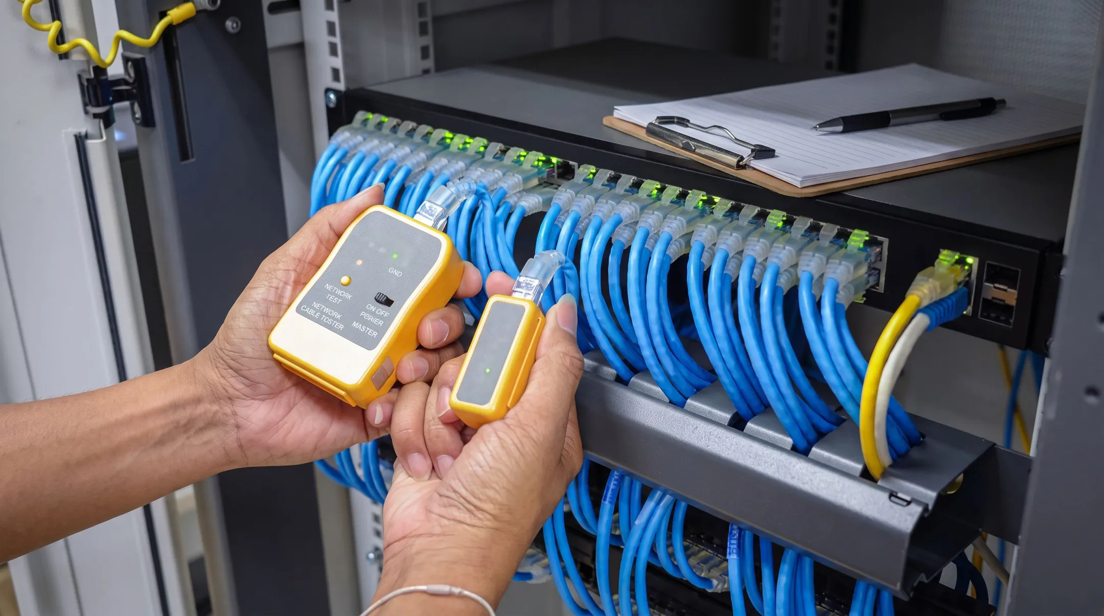 IT technician assessing network cabling and bandwidth before phone installation
