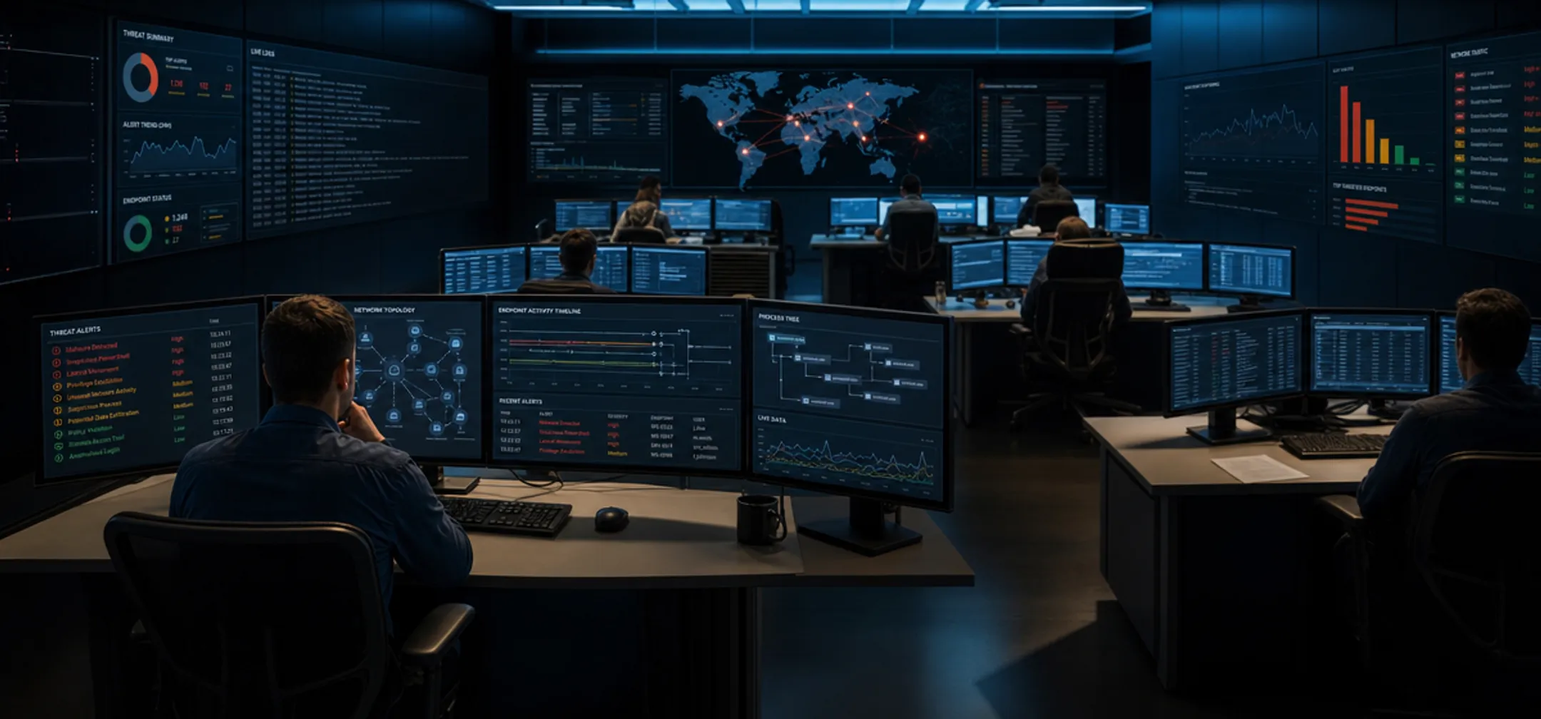 Cybersecurity analyst monitoring endpoint threat detection dashboard on multiple screens