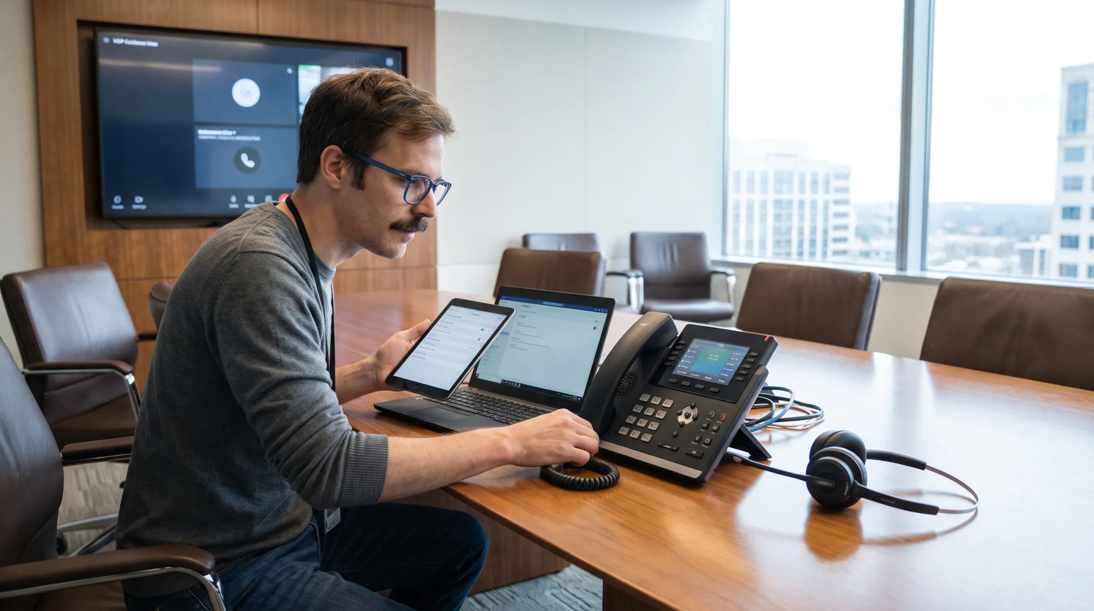 Matrix MSP technician configuring VoIP conference room equipment for client