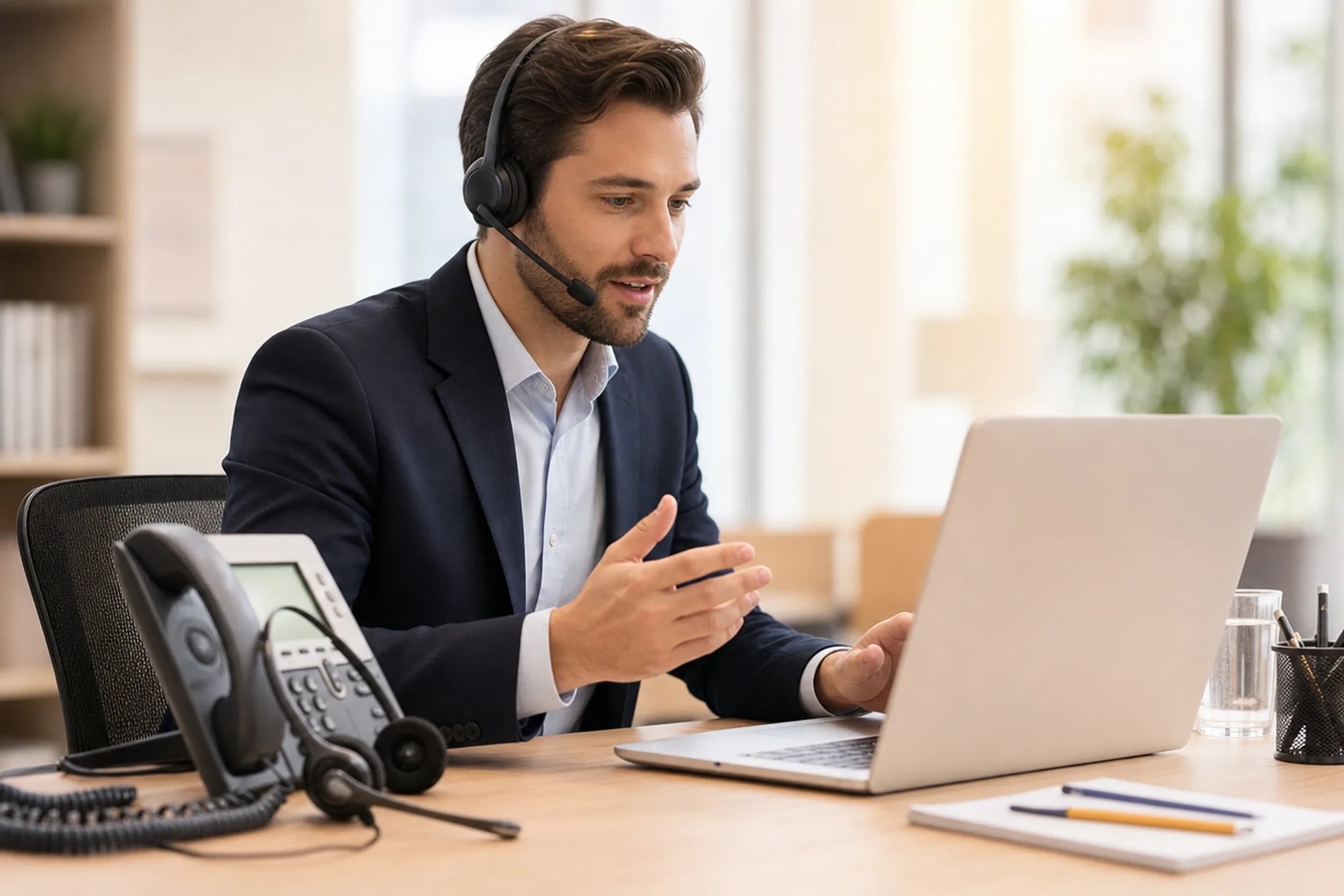 Business professional managing VoIP conference call on headset in office
