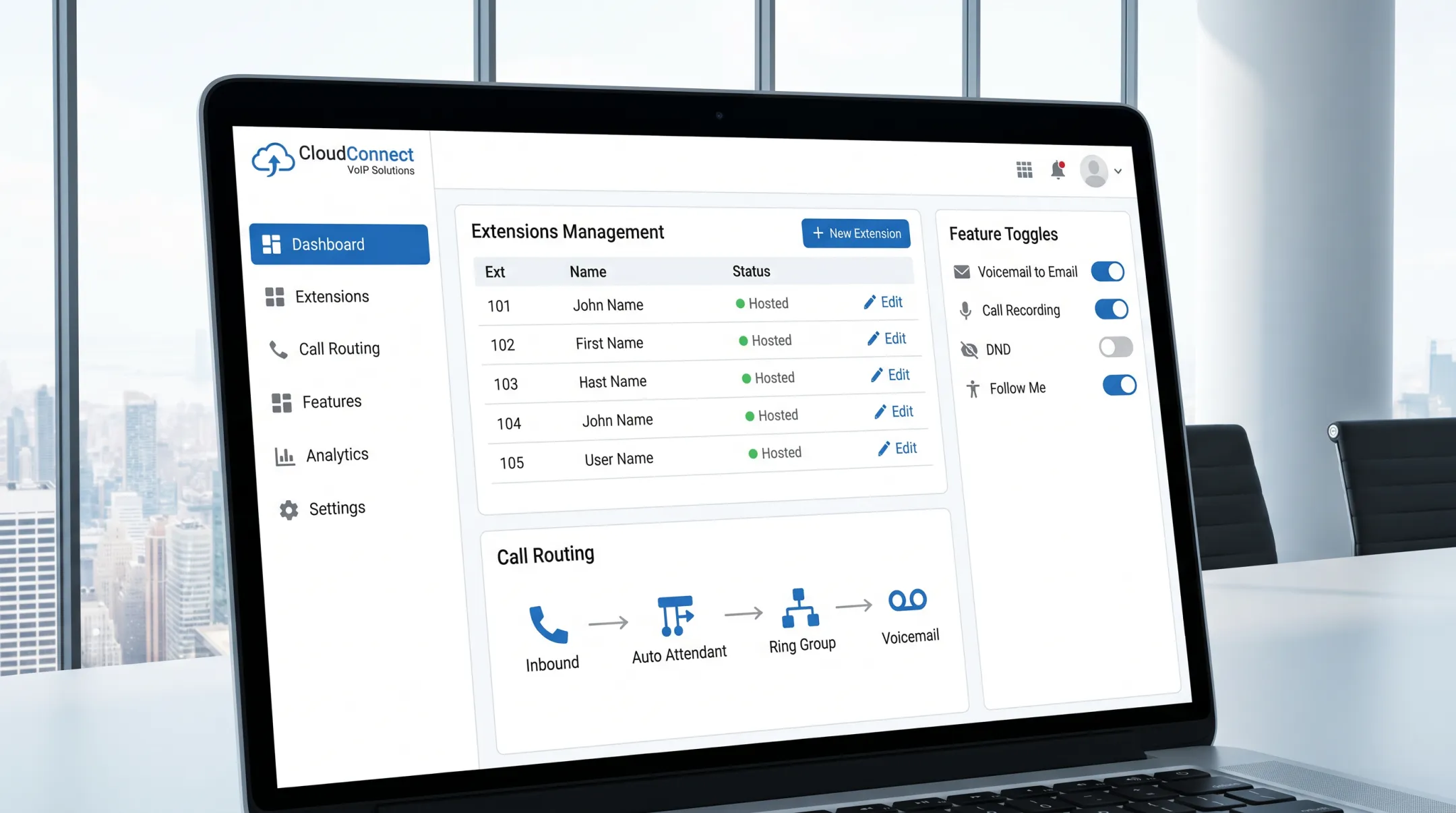 Matrix MSP hosted VoIP dashboard showing extension management features
