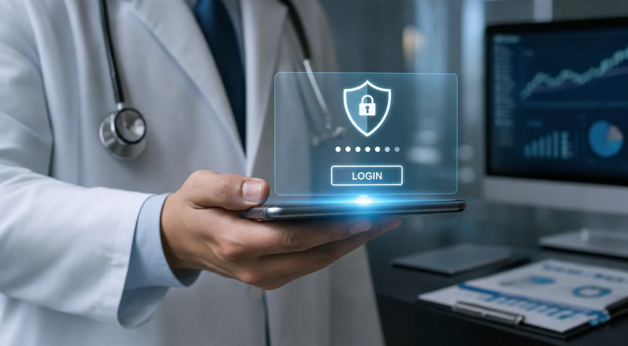 Healthcare professional using secured smartphone to access patient records