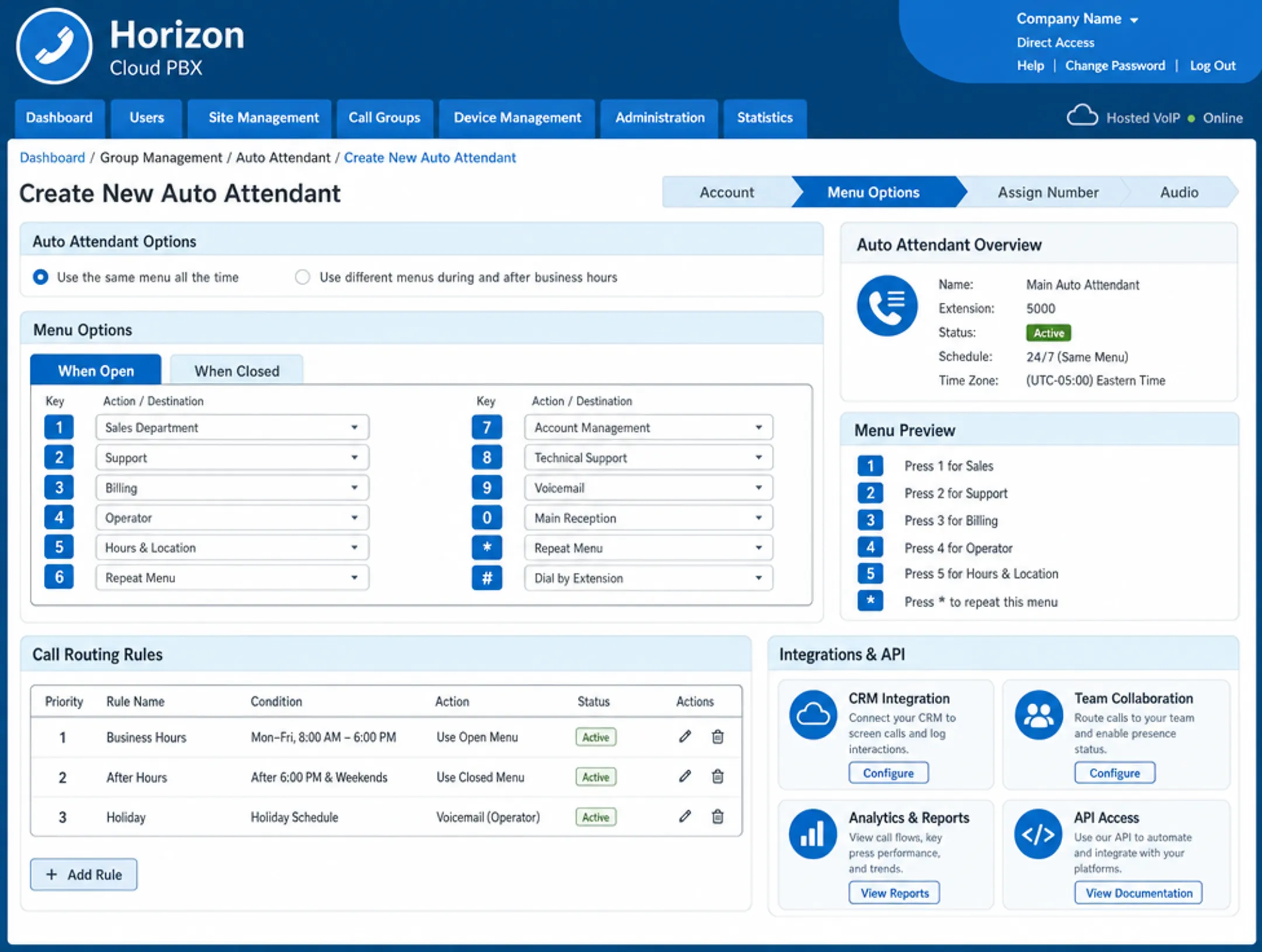 Hosted VoIP provider dashboard showing call routing and integration features