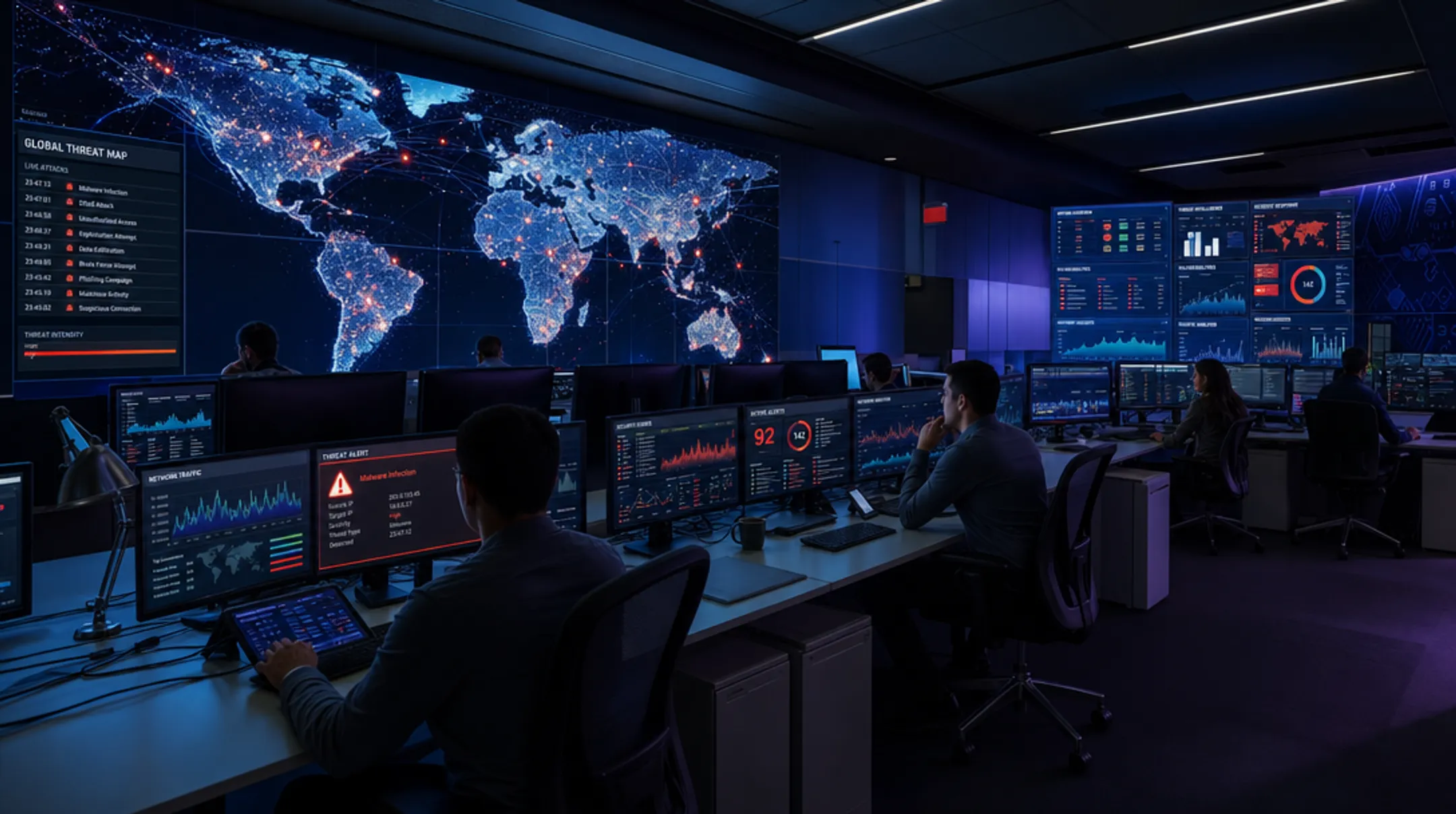 Security operations center analysts monitoring threat detection dashboards overnight