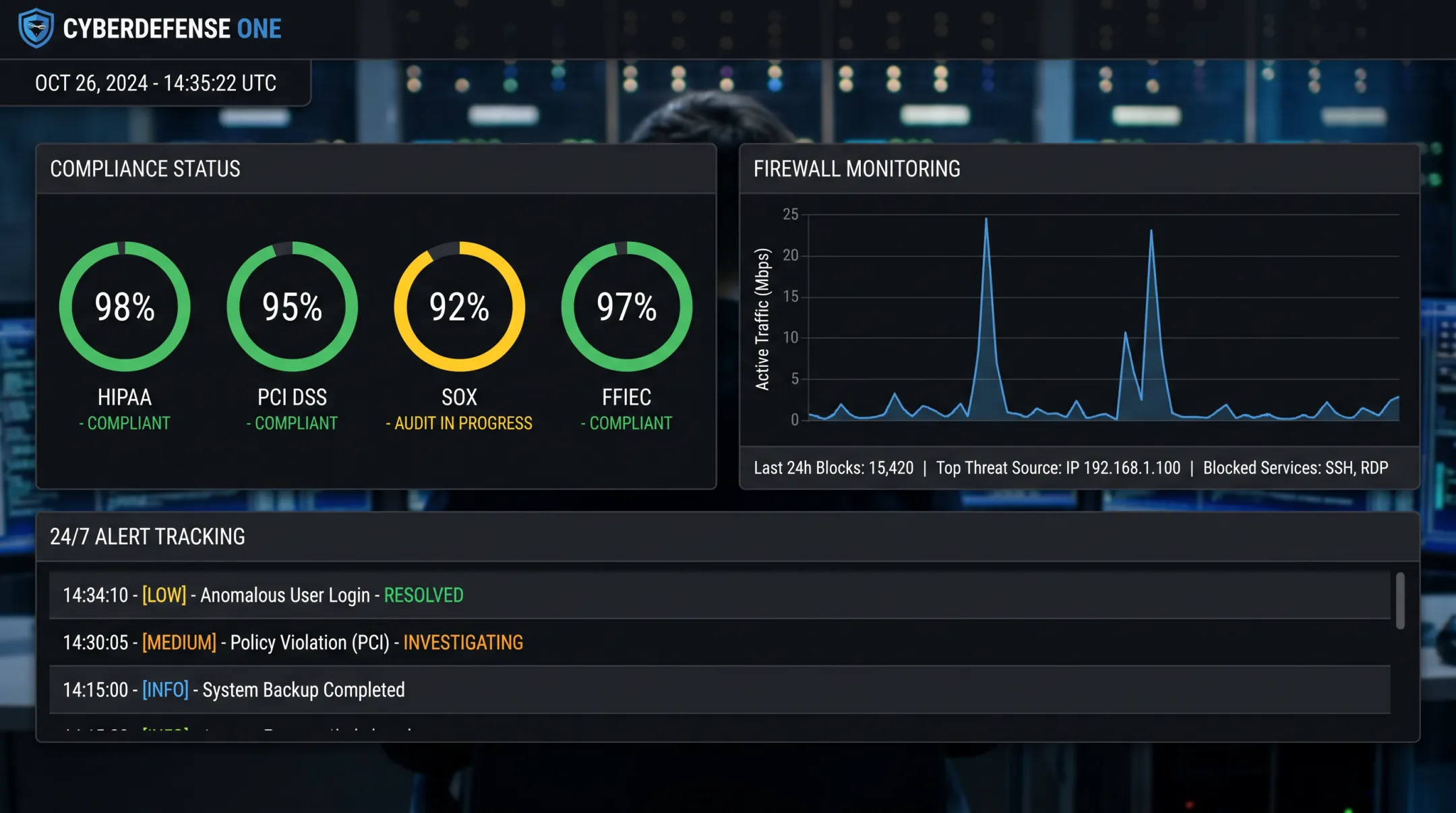 Managed IT security dashboard showing compliance monitoring and firewall status