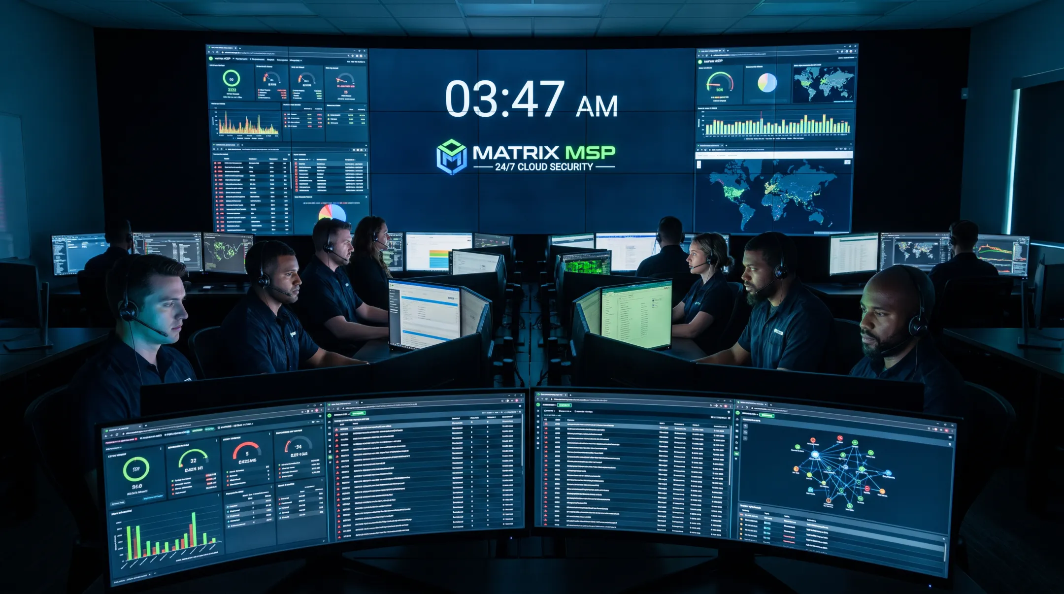 Matrix MSP SOC analysts monitoring client cloud security systems 24/7
