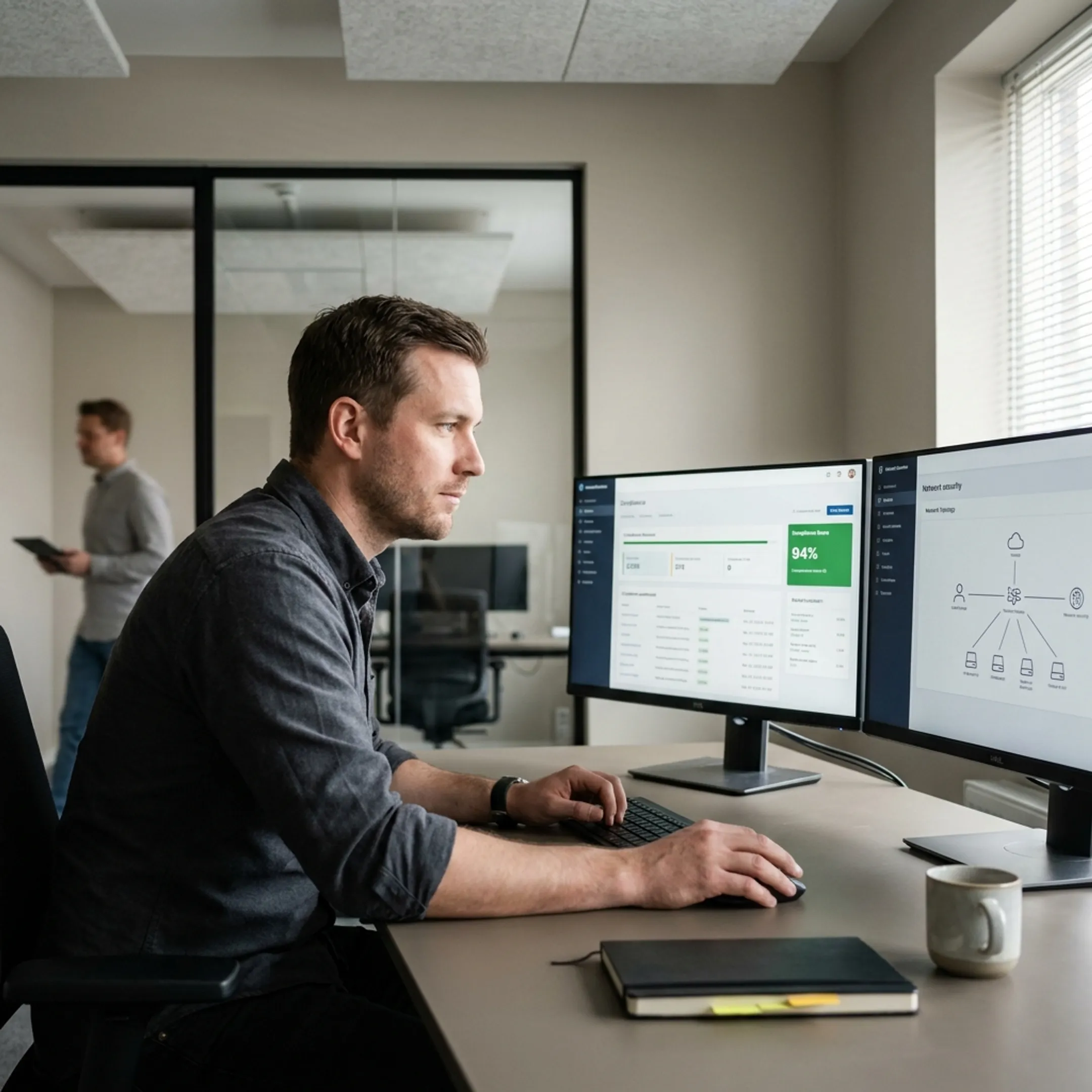 IT professional reviewing cybersecurity compliance dashboard