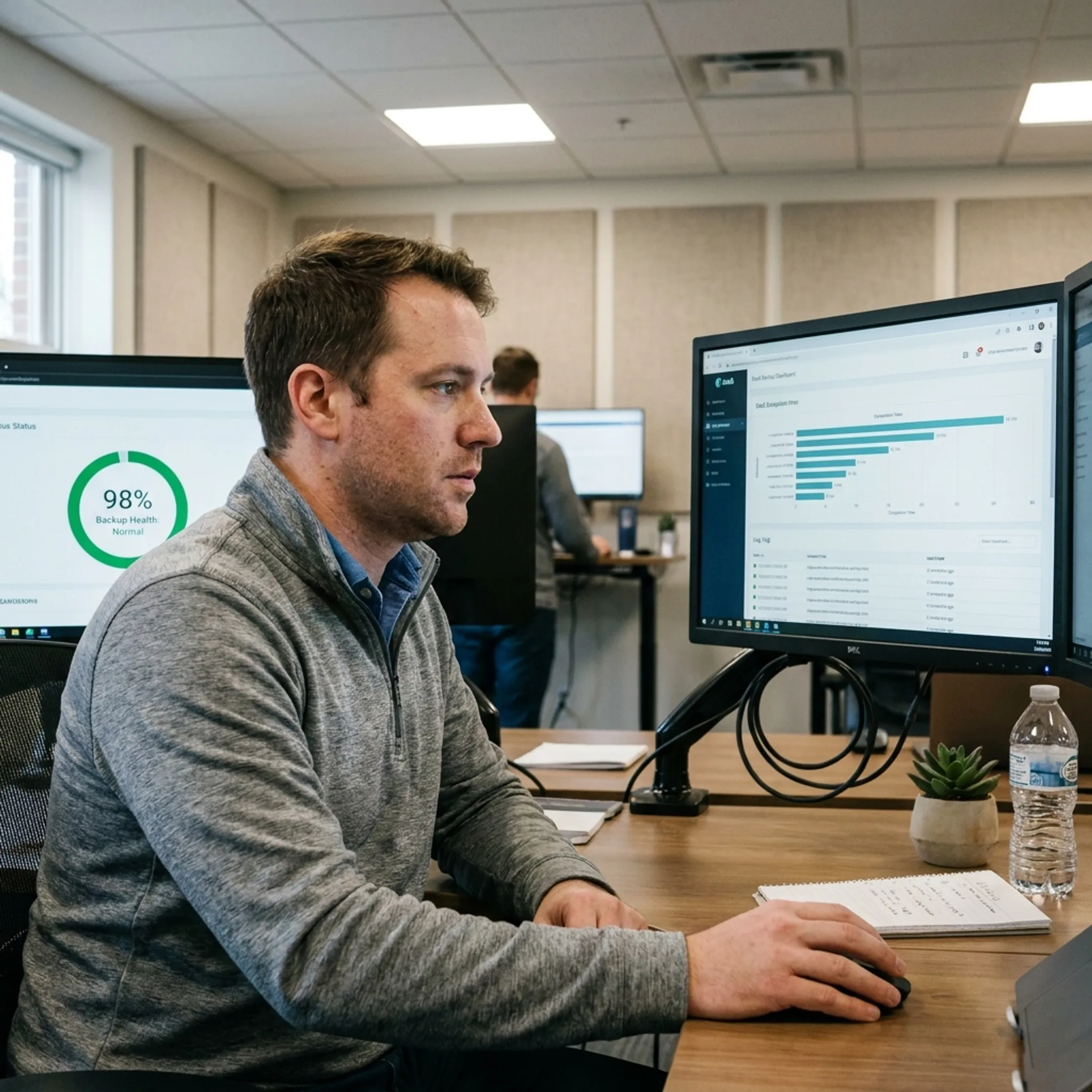 IT professional reviewing secure email backup dashboard