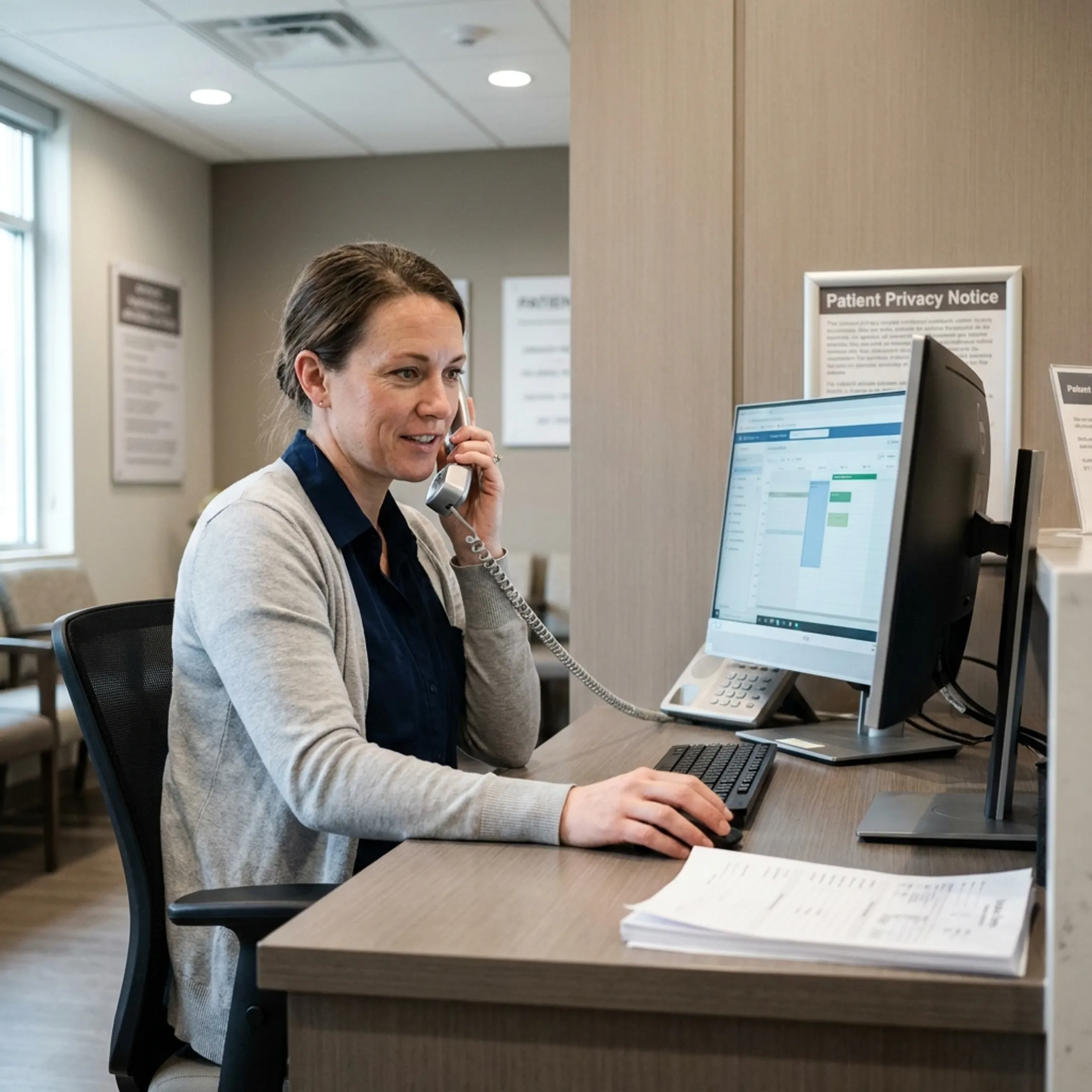 Healthcare professional using a secure desk phone