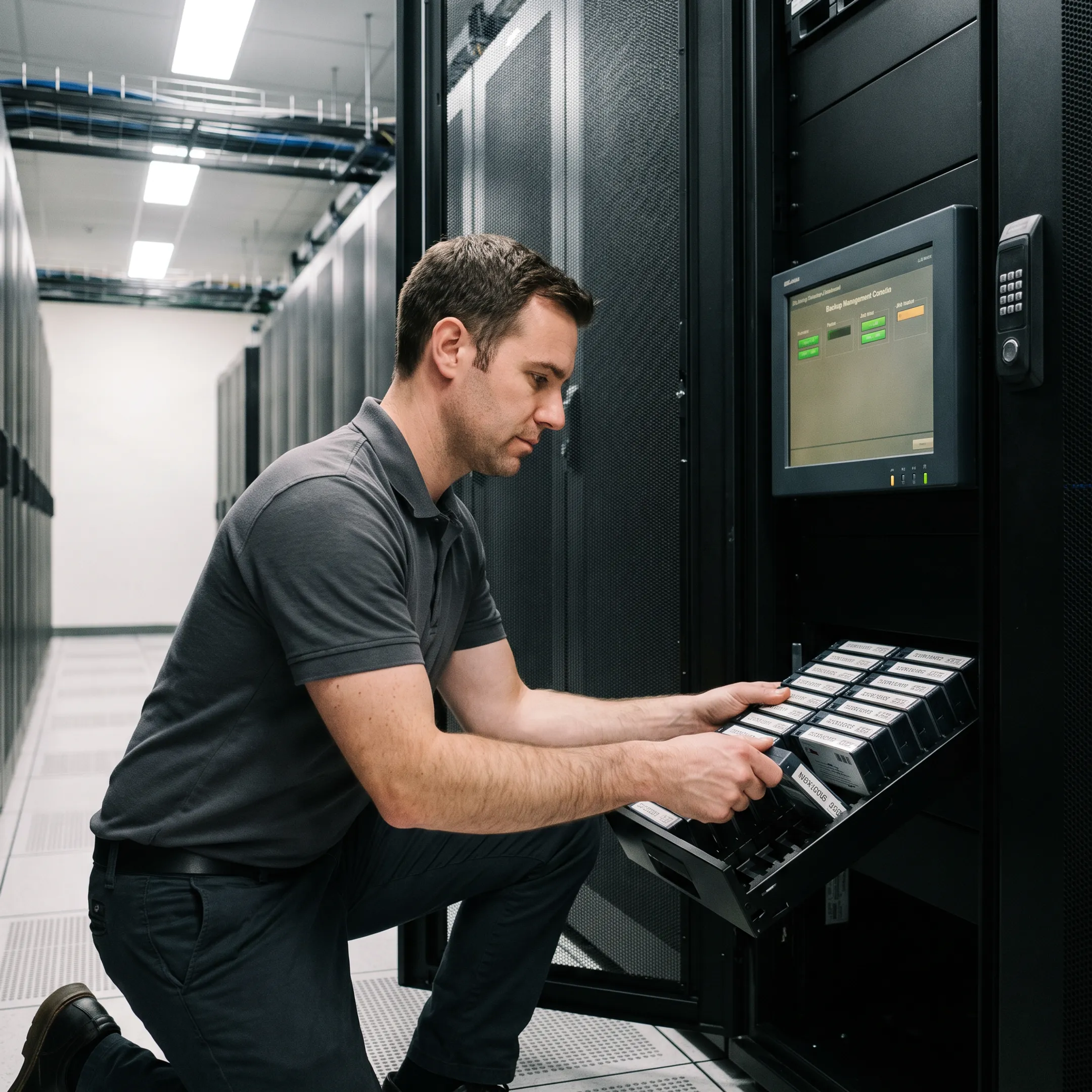 Technician managing labeled tape backup cartridges