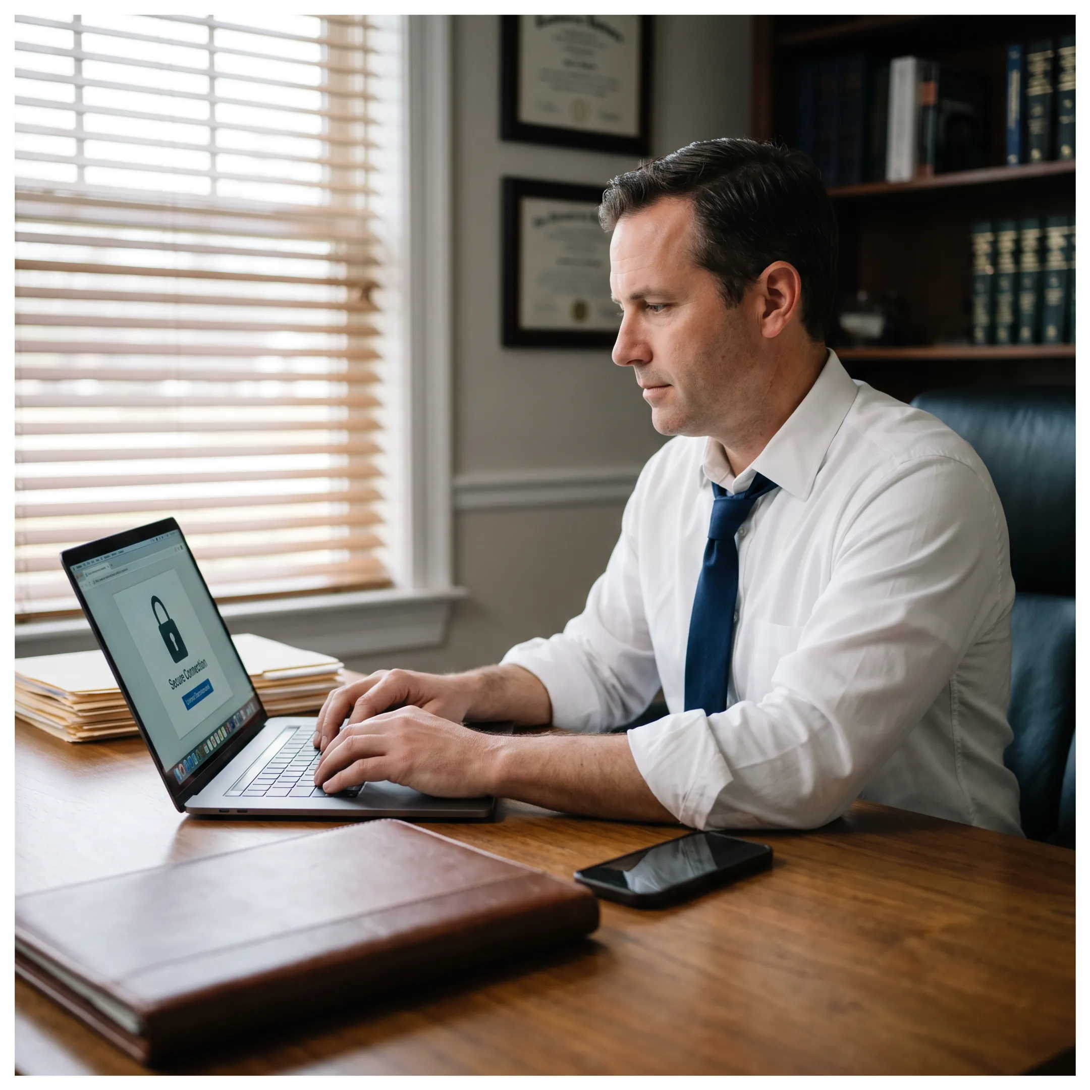 Attorney securely accessing legal documents on a laptop