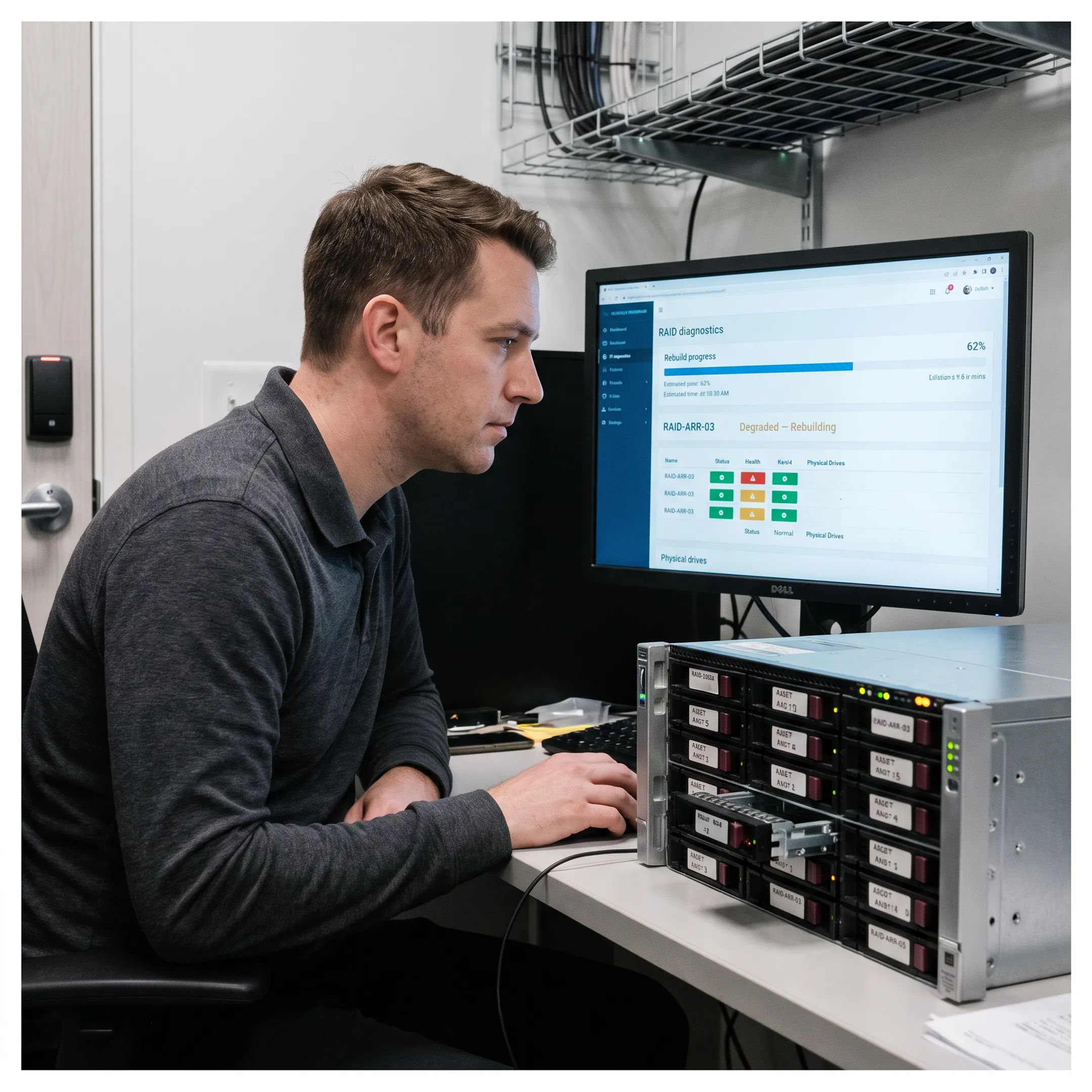 Technician analyzing RAID storage diagnostics