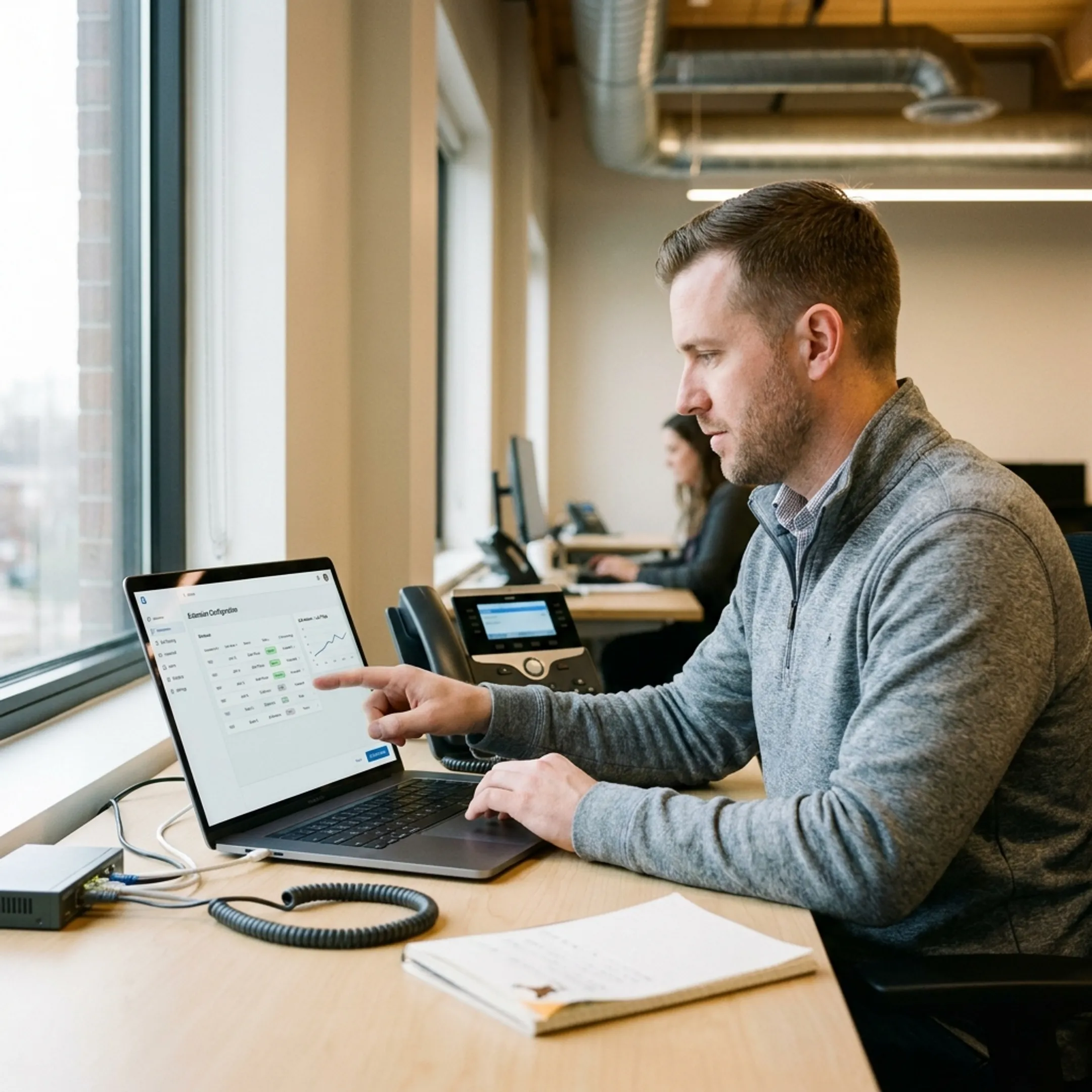 IT specialist configuring a business VoIP phone system